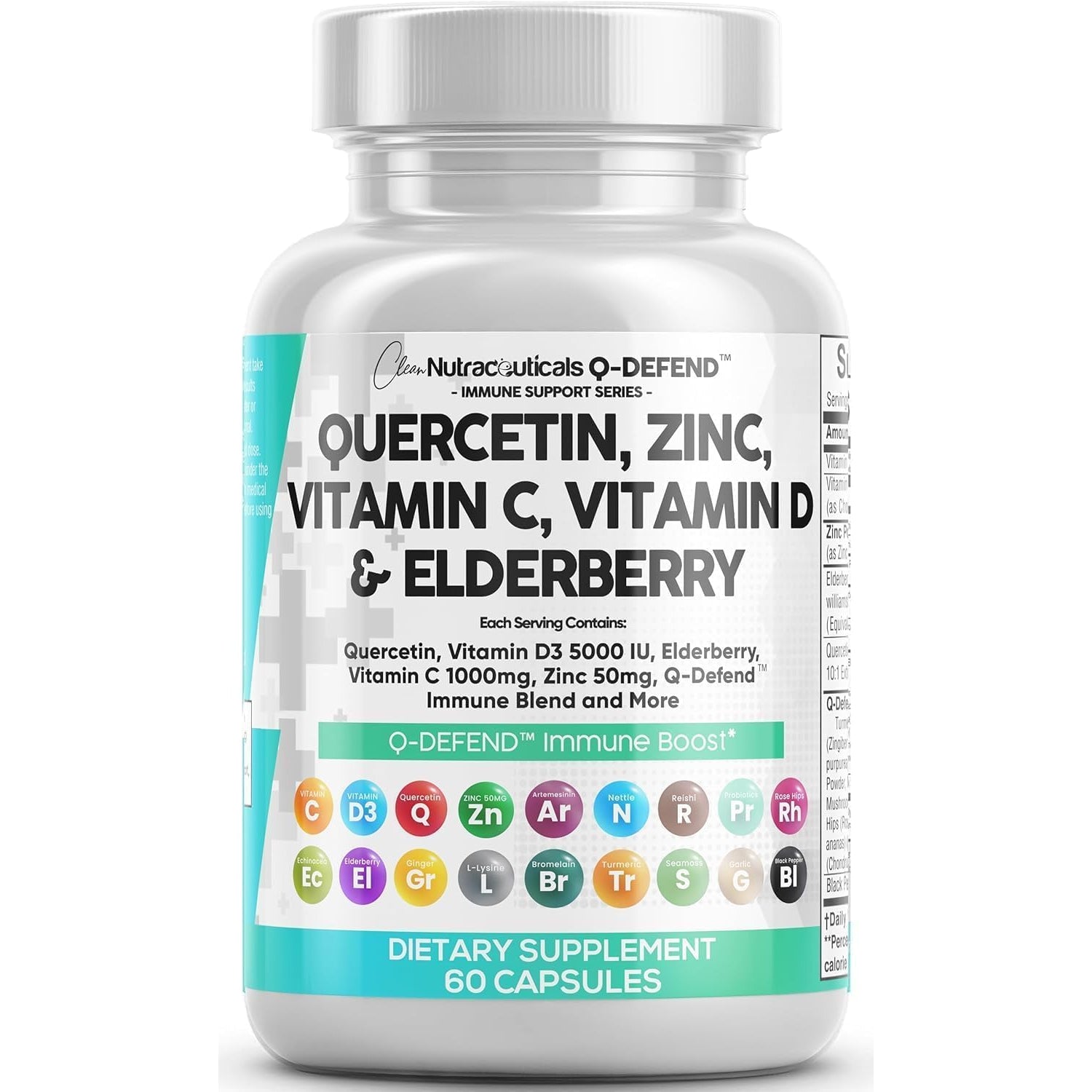 Clean Nutraceuticals Q Defend Quercetin Complex – 60 Capsules | Quercetin, Zinc, Vitamins C & D, Elderberry, Turmeric, Sea Moss & Reishi Mushroom | Immune Support