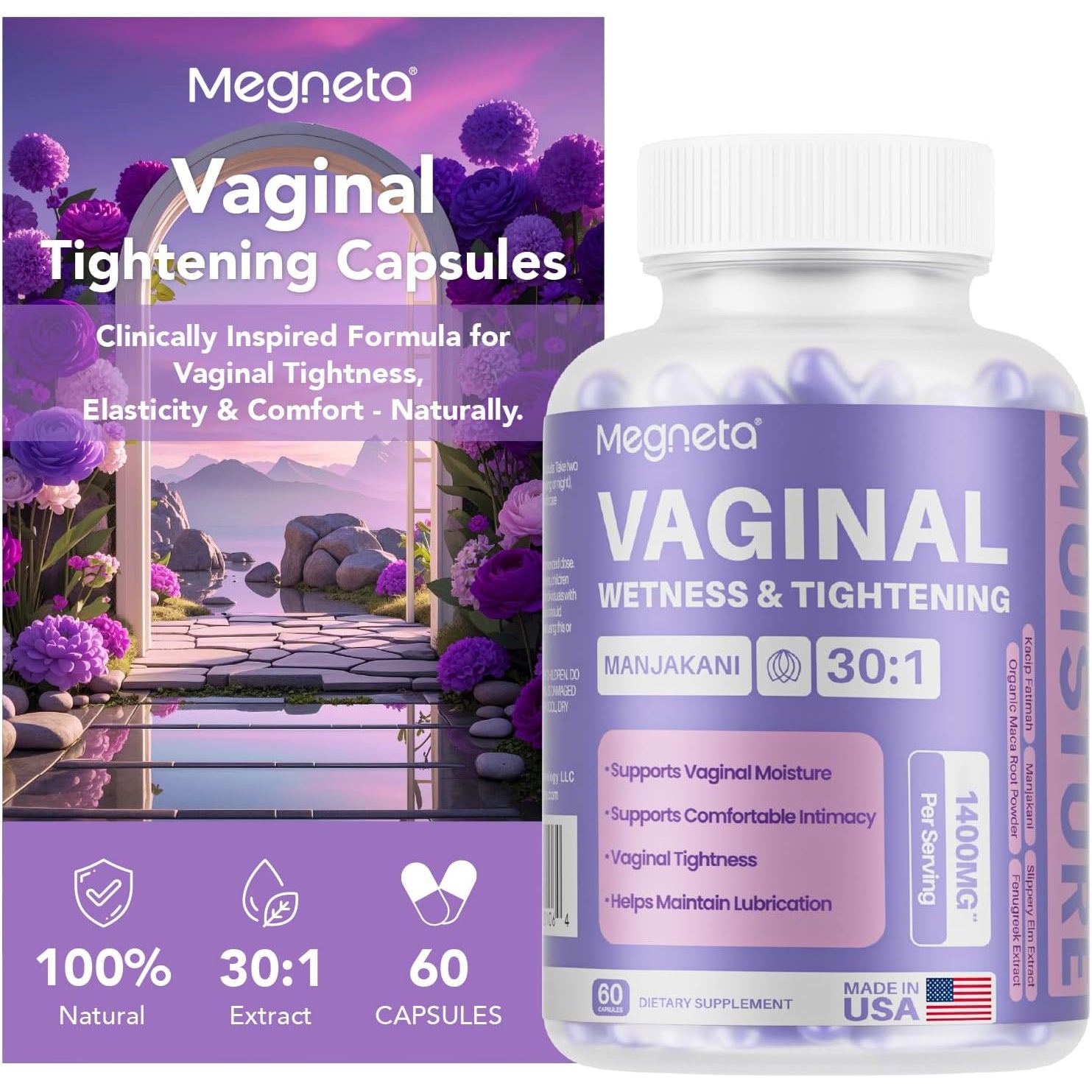 Vaginal Tightening Capsules for Women – Kacip Fatimah, Manjakani & Slippery Elm – Supports Feminine Firmness, Elasticity & Intimate Moisture – 60 Vegan Capsules