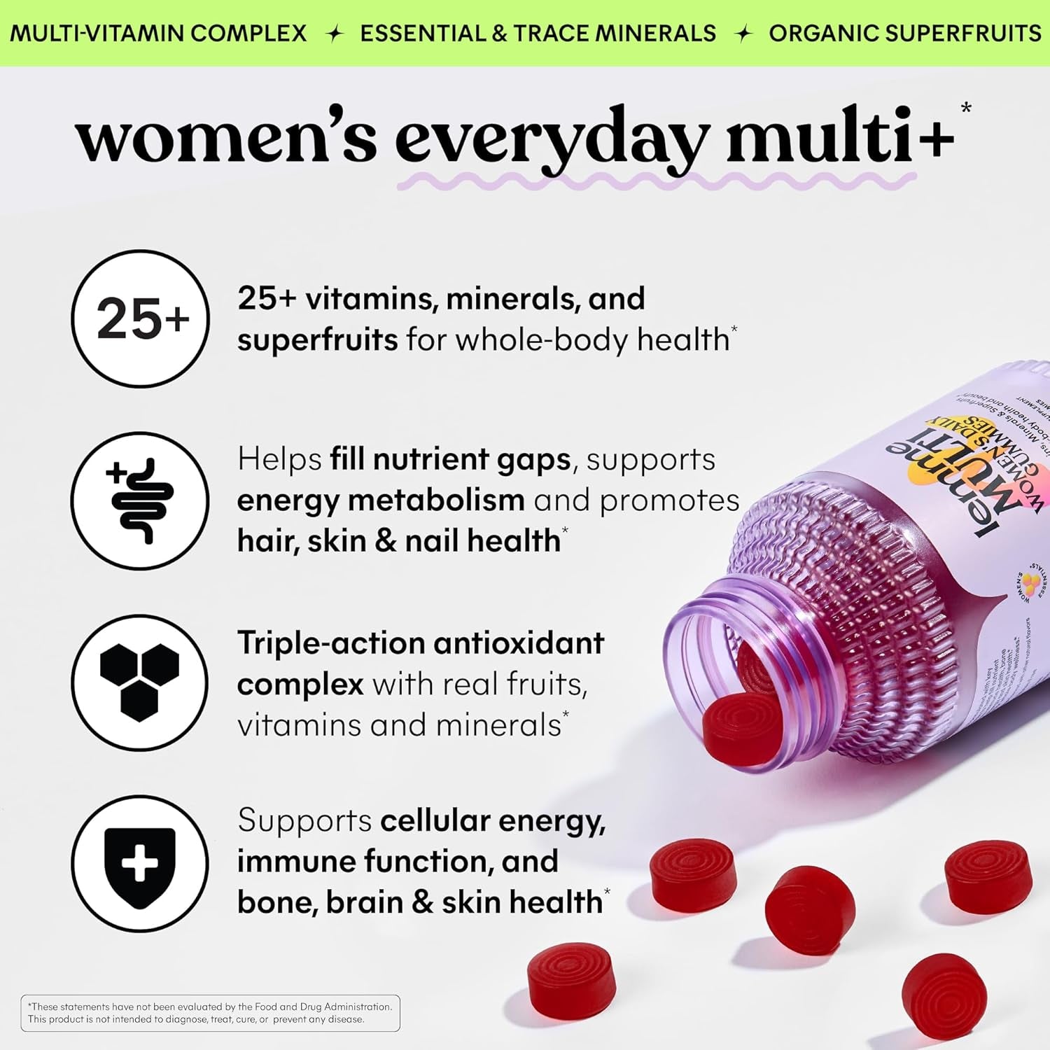 Women'S Multivitamin Gummies, Daily Nutritional Support with Vitamins A, C, D, E, Biotin, Folic Acid, Zinc & Inositol, Bone, Brain, Skin & Immune Health, Raspberry Orange, 30-Day Supply