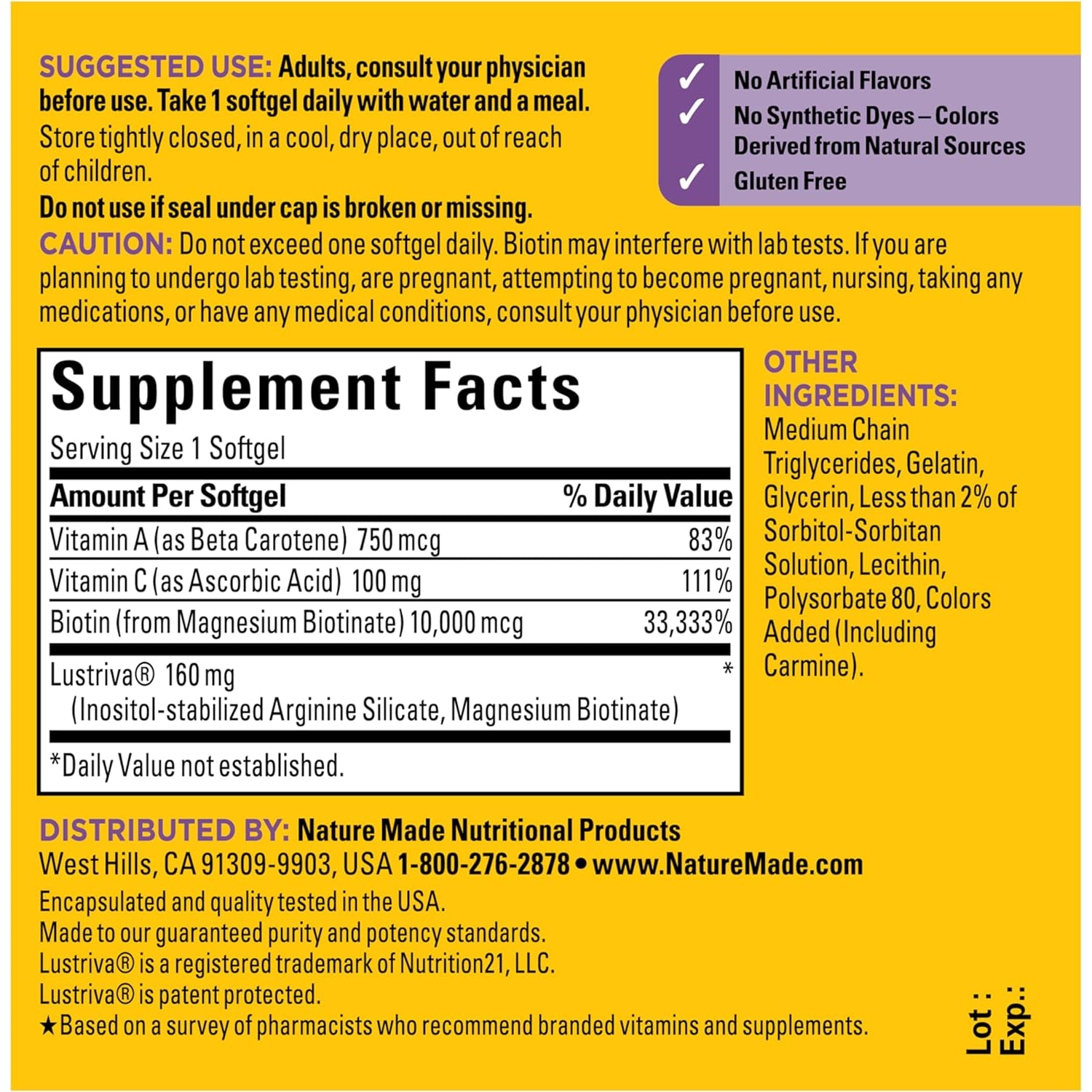Nature Made Hair Growth Softgels, Clinically Studied Lustriva + Biotin, Vitamin C & A, Hair Growth Vitamins - Support Healthy Hair as You Age, 30 Softgels, 30 Day Supply