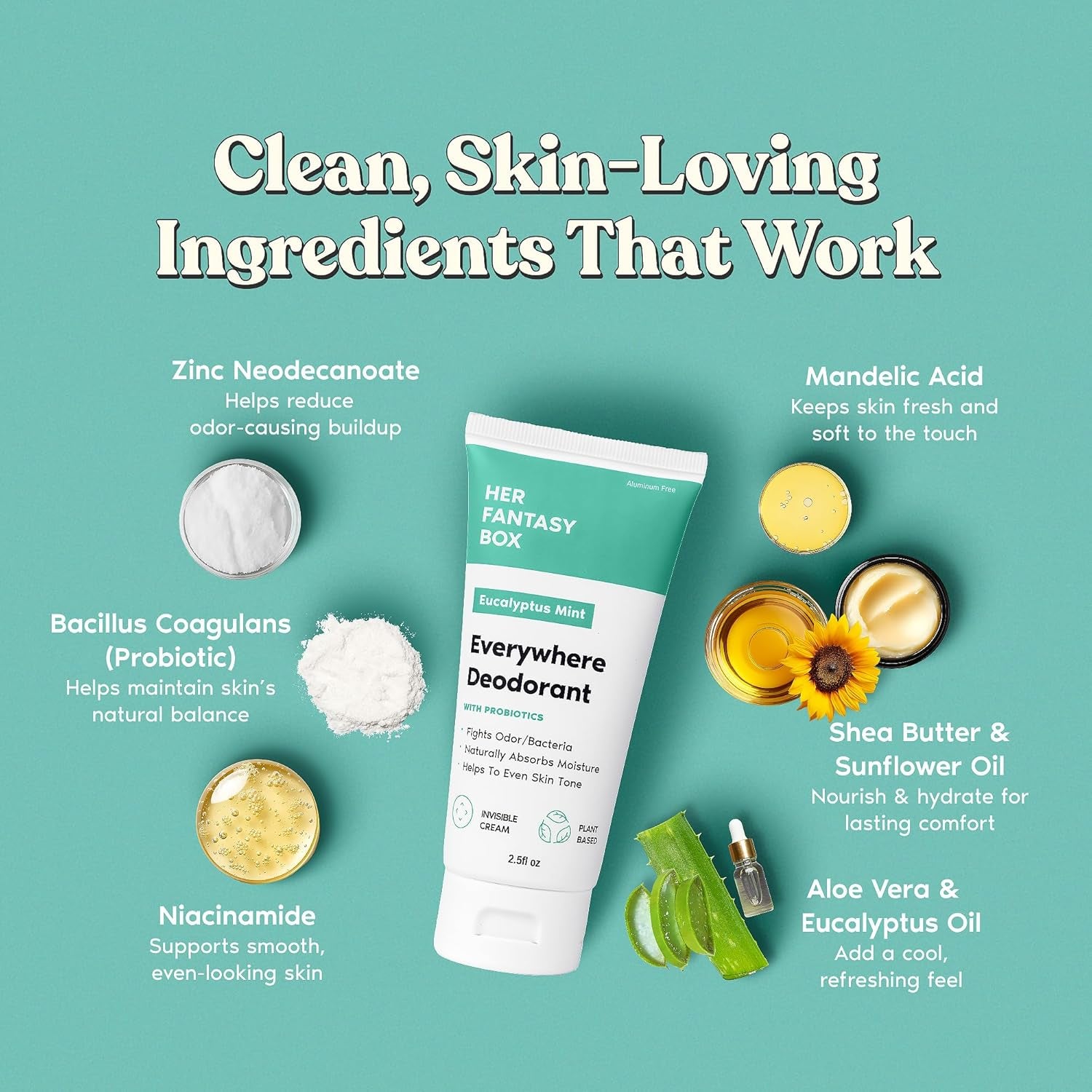Her Fantasy Box | Everywhere Deodorant | with Probiotics - Mint Scent | Aluminum-Free, Naturally Absorbs Moisture | Fights Odor & Bacteria | Skin-Improving Formula