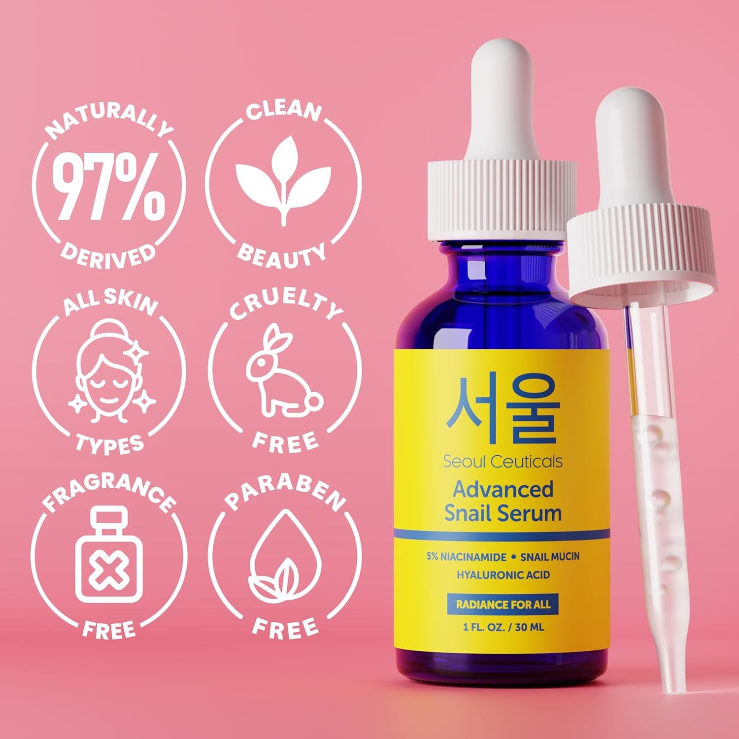 SeoulCeuticals 5% Niacinamide & Snail Mucin 97.5% Serum – Hyaluronic Acid for Brightening & Anti-Ageing | 30ml | K-Beauty