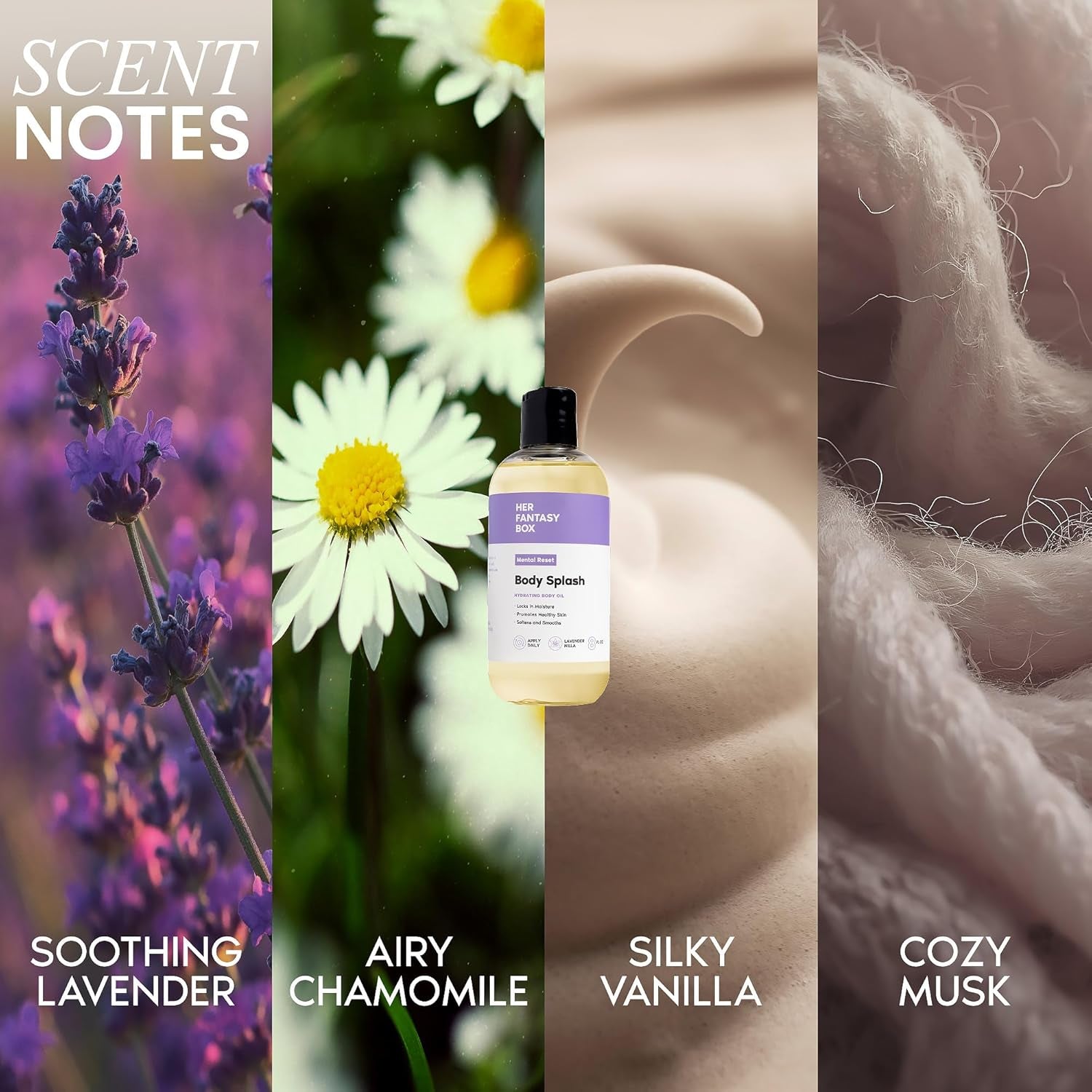 Her Fantasy Box | Body Splash Mental Reset Fragrance Oil – Lavender, Chamomile & Warm Vanilla Scent with Soft Amber & Musk, Lightweight Hydrating Body Oil, Vegan & Cruelty Free