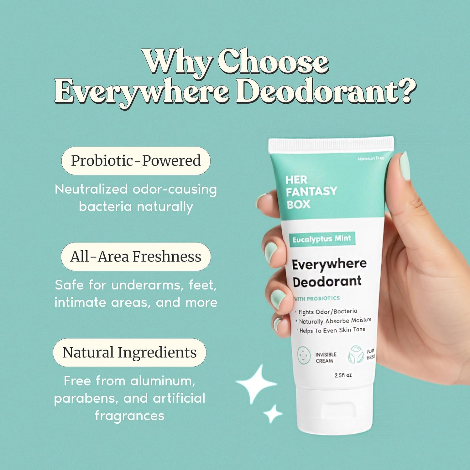 Her Fantasy Box | Everywhere Deodorant | with Probiotics - Mint Scent | Aluminum-Free, Naturally Absorbs Moisture | Fights Odor & Bacteria | Skin-Improving Formula