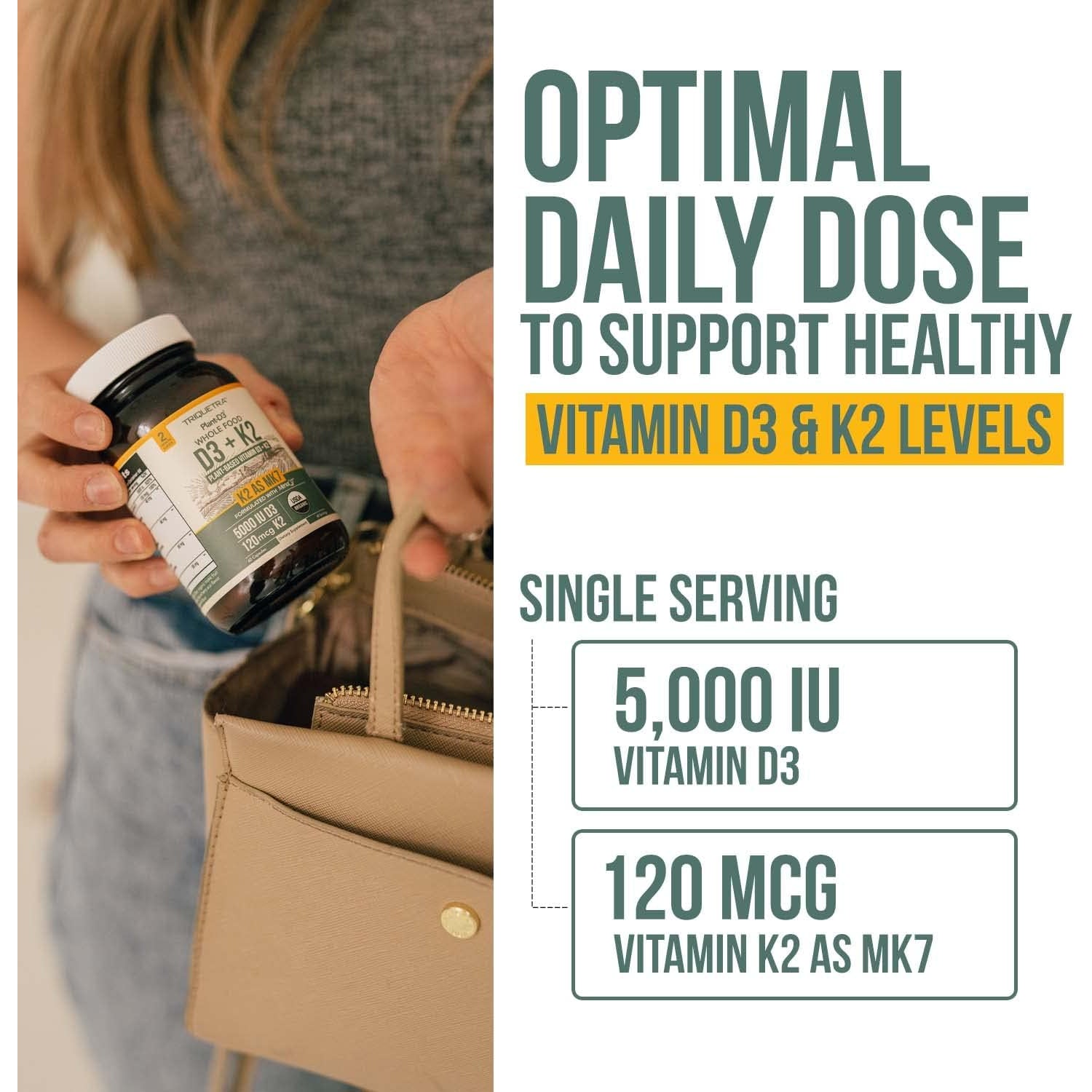Organic Plant D3 + K2 | 5000 Iu D3 + 120 Mcg K2 as All-Trans MK7 from Menaq7® - 100% Whole Food, Raw & Vegan | Enhanced Digestion with Prebiotic & Superfood Complex – D3 from Organic Algae (60 Count)