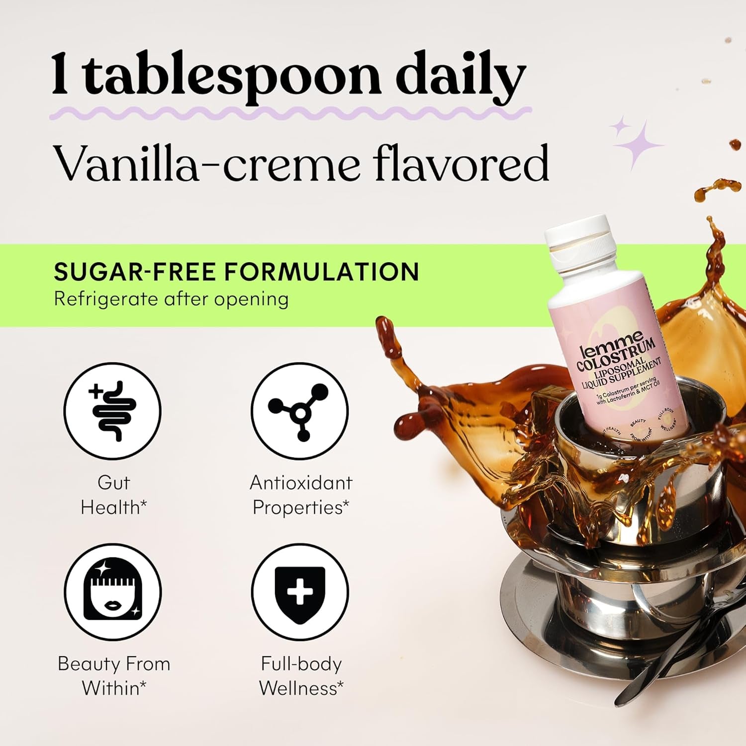Colostrum Coffee Creamer for Gut, Skin, Hair & Healthy Aging, Sugar Free Liposomal & Grass Fed 1G Colostrum W/Lactoferrin, MCT Oil, Immunoglobulins, Vanilla Creme Flavored