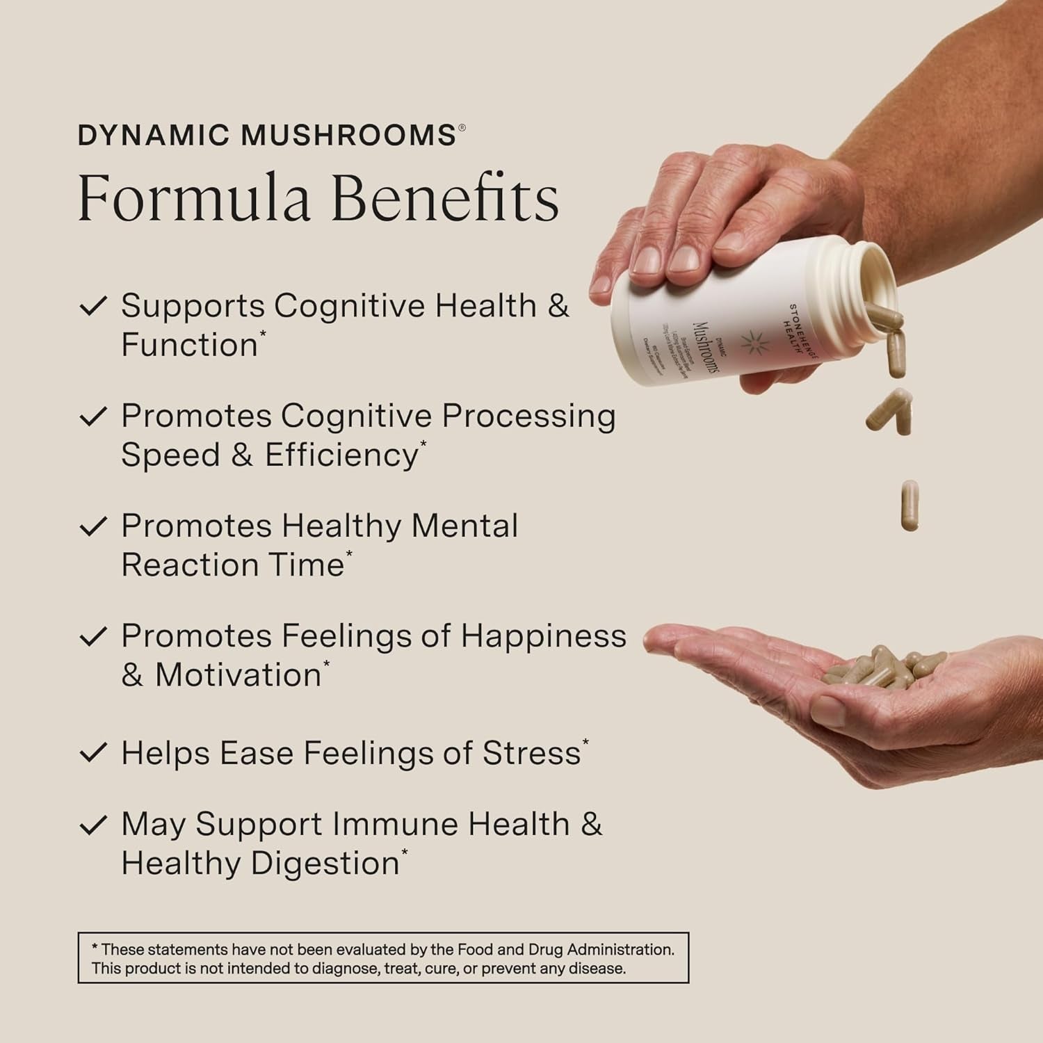 Stonehenge Health Dynamic Mushrooms 1,400 Mg per Serving, 5 Mushroom Complex (Lion’S Mane, Reishi, Chaga, Maitake, Shiitake) 100% Fruiting Bodies, No Mycelium – Brain, Memory & Immune Support 60 Caps