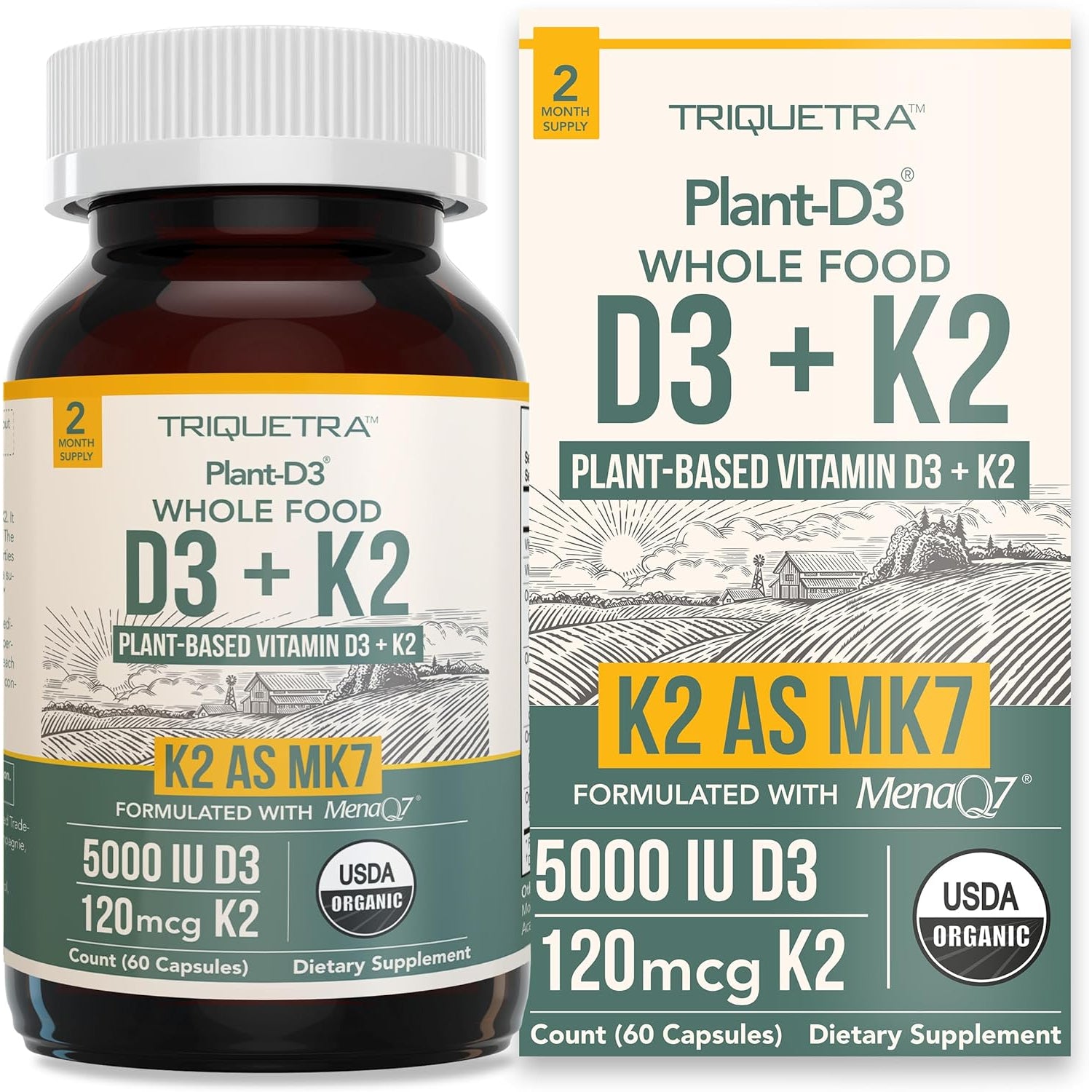 Organic Plant D3 + K2 | 5000 Iu D3 + 120 Mcg K2 as All-Trans MK7 from Menaq7® - 100% Whole Food, Raw & Vegan | Enhanced Digestion with Prebiotic & Superfood Complex – D3 from Organic Algae (60 Count)