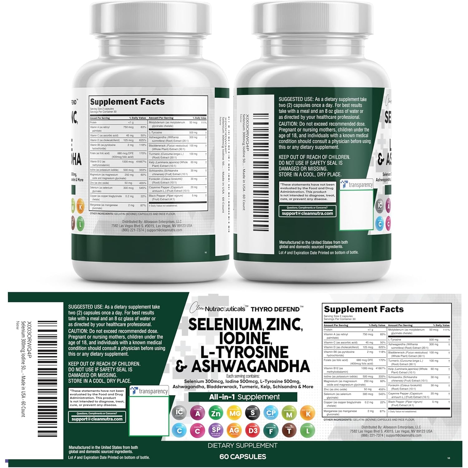Clean Nutra Thyroid Support Complex – 60 Capsules | Selenium 300mcg, Iodine 500mcg & L-Tyrosine 500mg | Ashwagandha, Kelp, Bladderwrack, Turmeric & Zinc