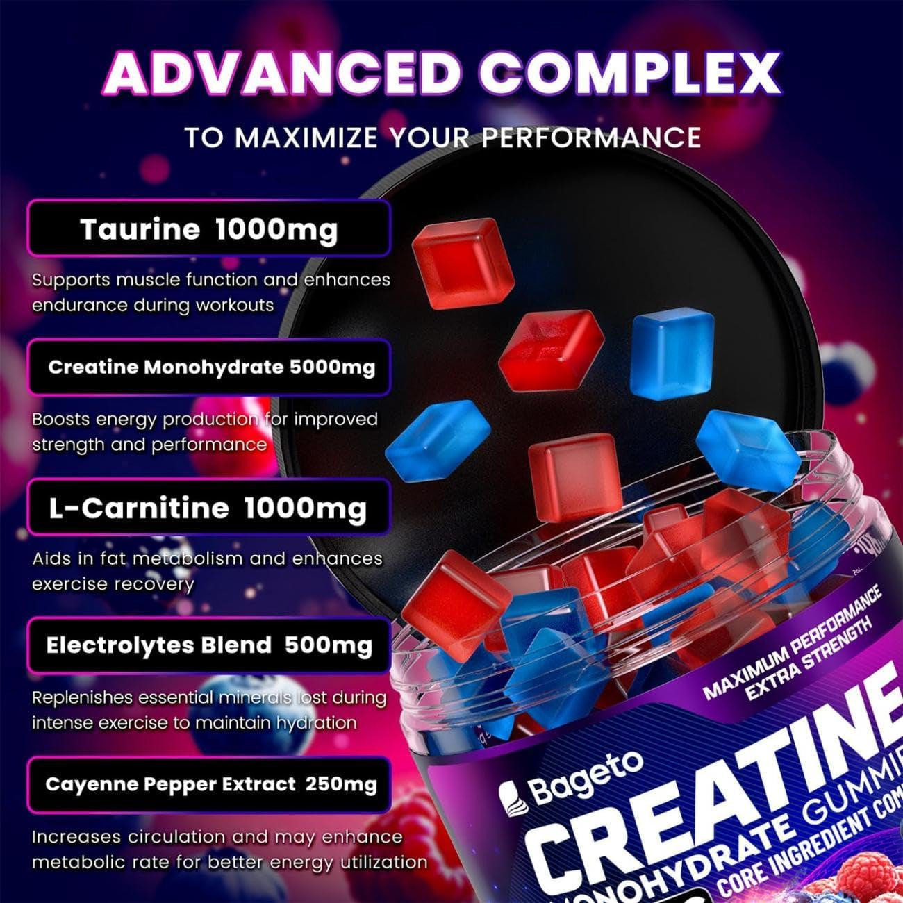 Bageto Creatine Gummies, 8000 MG Complex | 1G Taurine + Electrolytes + 5G Creatine Monohydrate, Creatine Monohydrate Gummies for Women & Men, for Muscles, Energy & Recovery, 0 Sugar 120 Ct