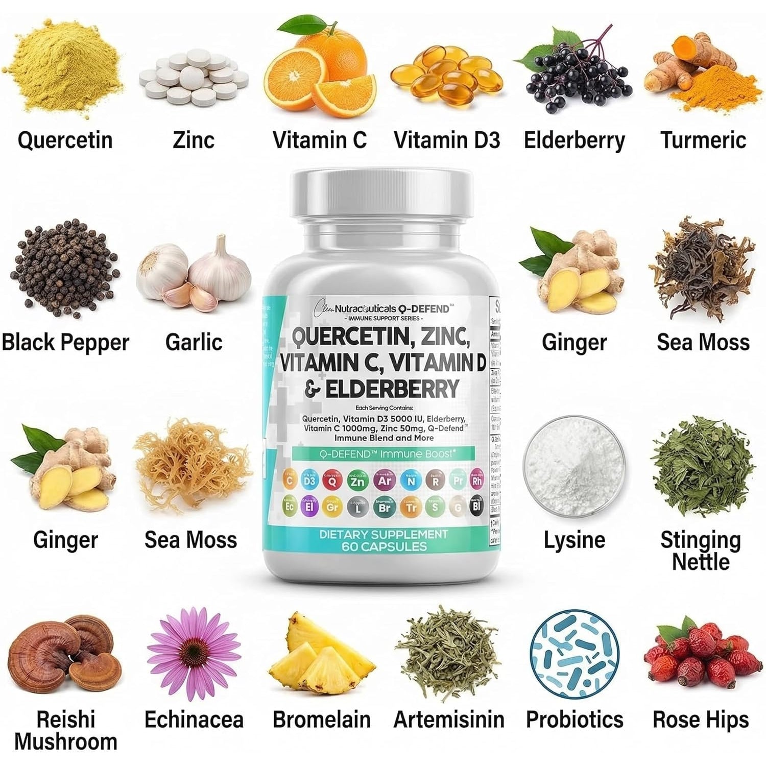 Clean Nutraceuticals Q Defend Quercetin Complex – 60 Capsules | Quercetin, Zinc, Vitamins C & D, Elderberry, Turmeric, Sea Moss & Reishi Mushroom | Immune Support