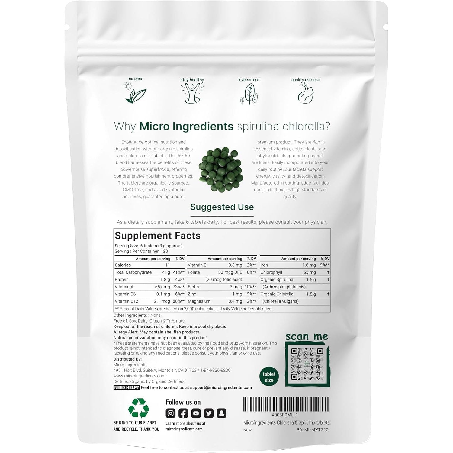 Micro Ingredients Organic Spirulina Chlorella – 720 Tablets | Raw Superfood with Vegan Protein & Chlorophyll – 3000mg Per Serving