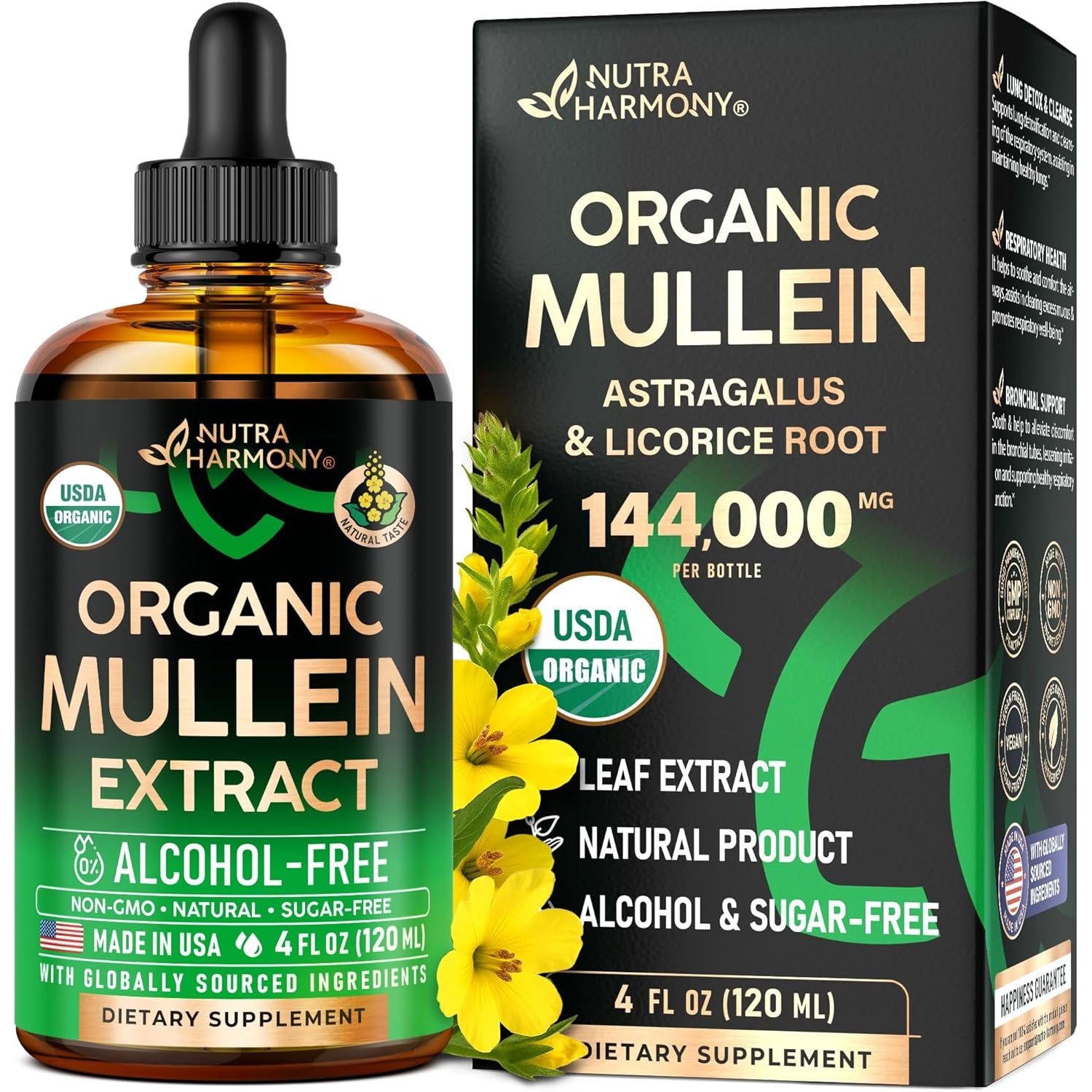 NUTRAHARMONY USDA Organic Mullein Leaf Drops - 120ml | Liquid Lung Support & Respiratory Health | Natural Herbal Extract
