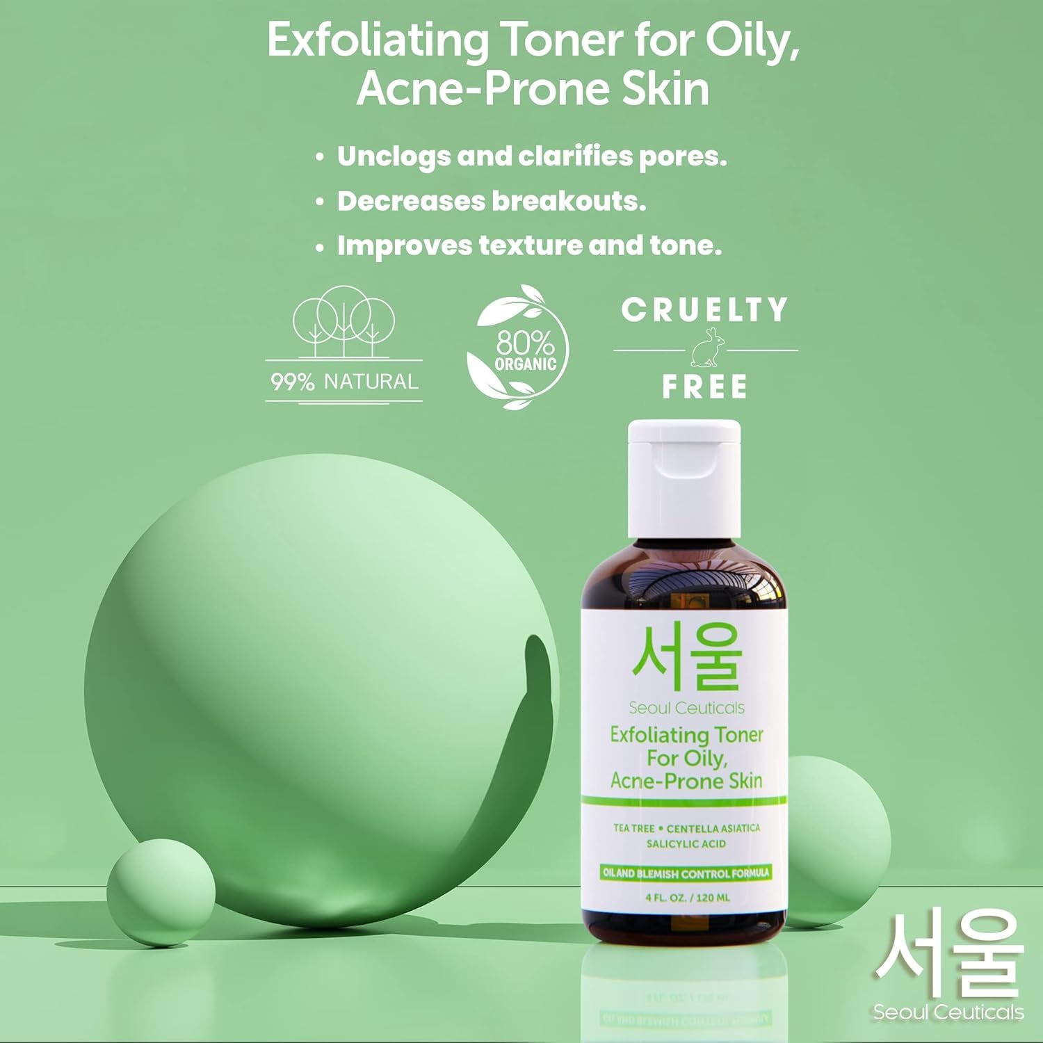 SeoulCeuticals Korean Tea Tree & Salicylic Acid Toner – Centella Asiatica Facial Toner for Oily & Acne-Prone Skin | 120ml