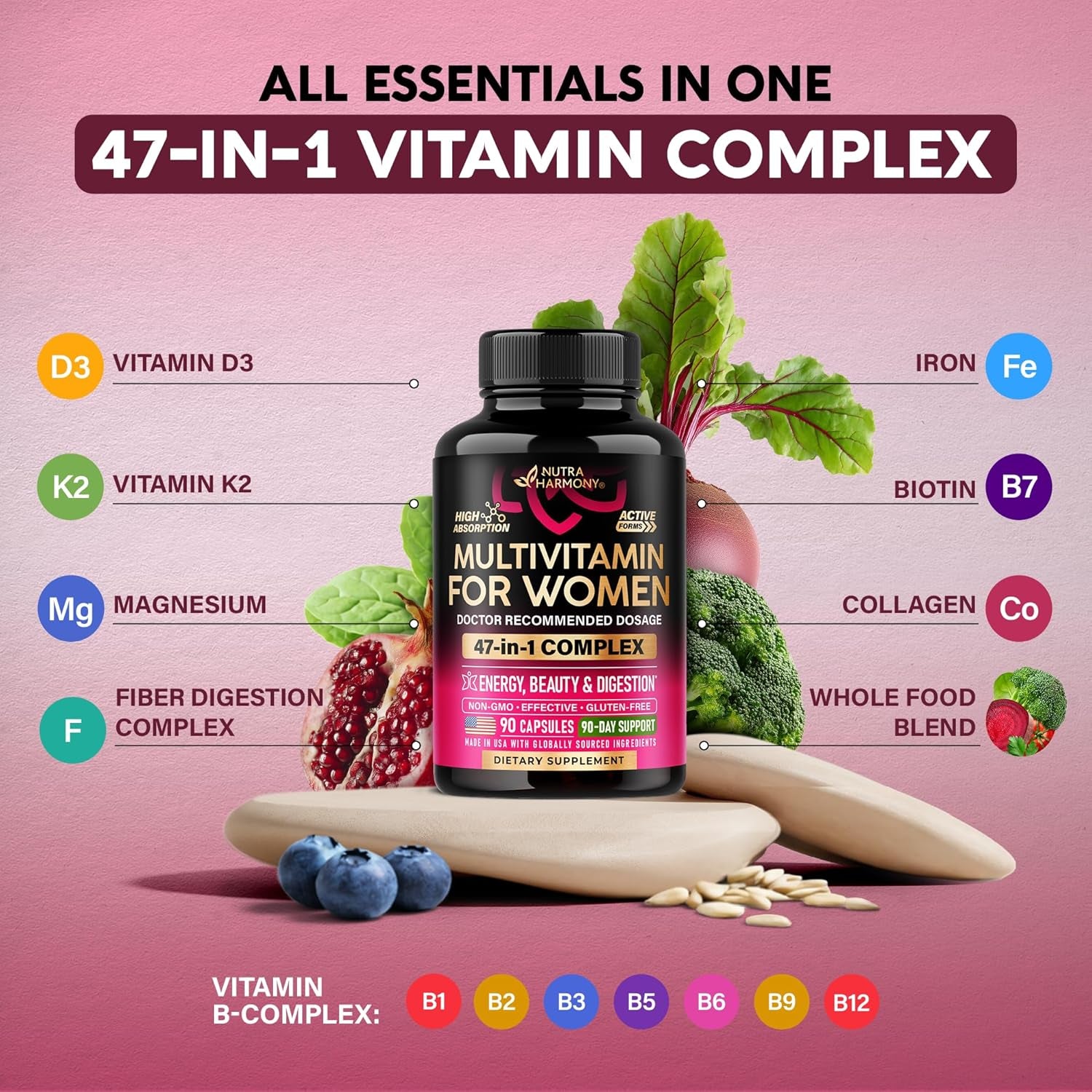 NUTRAHARMONY Women's Daily Multivitamin — 90 Capsules | B-Complex, Metabolism & Energy Support | Bioavailable Formula | Vegan