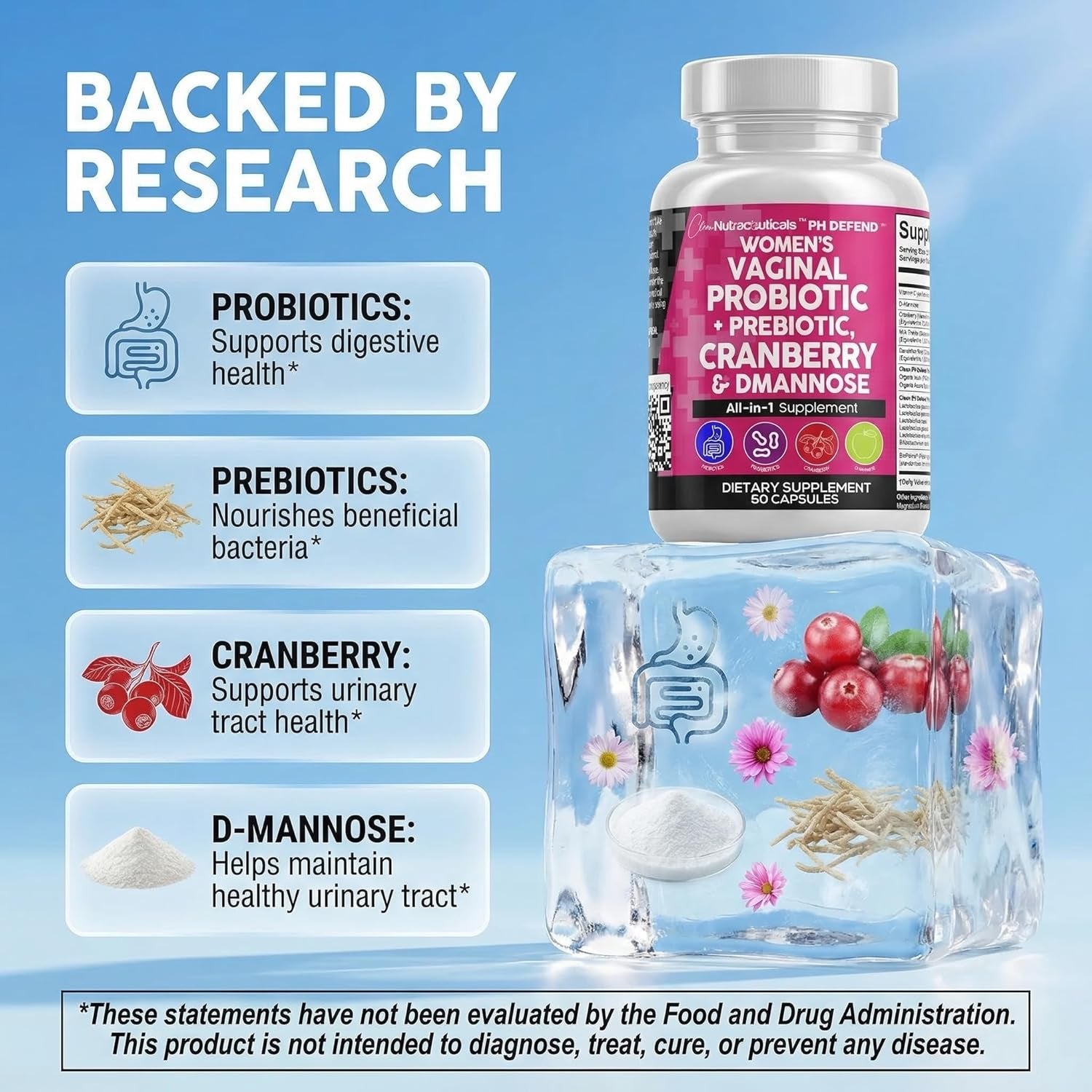 Clean Nutraceuticals Vaginal Probiotic & Cranberry Complex – 60 Capsules | D-Mannose, Prebiotics & pH Balance | Feminine Health & Urinary Tract Support