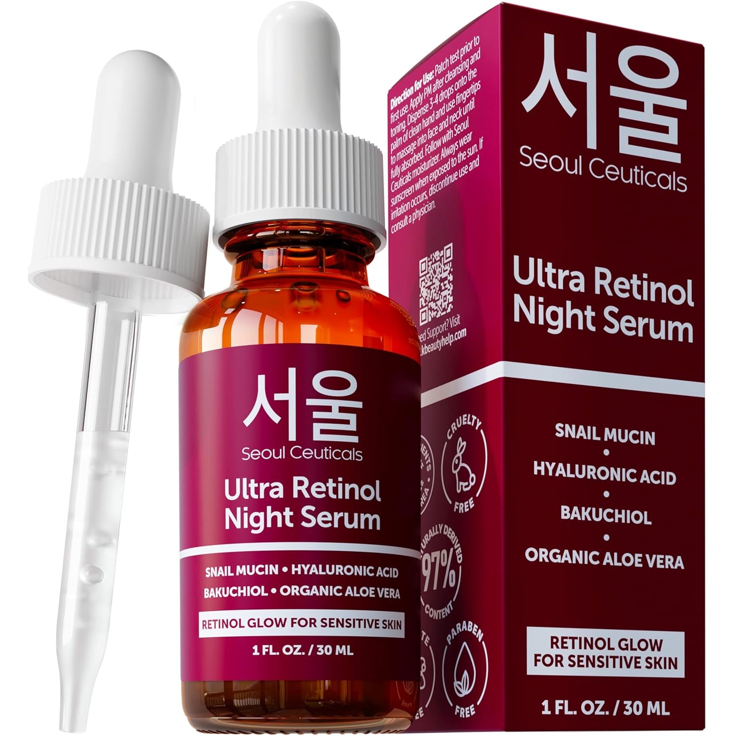 SeoulCeuticals 1% Retinol Night Serum – 97.5% Snail Mucin, Bakuchiol & Hyaluronic Acid for Anti-Ageing & Sensitive Skin | 30ml | K-Beauty