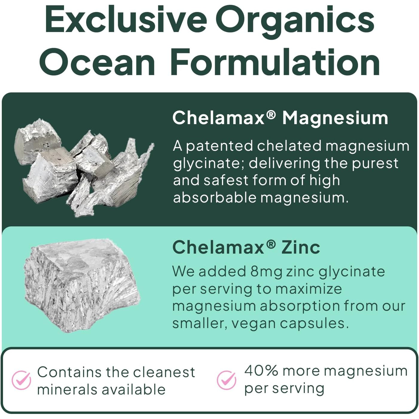 Organics Ocean Pure Magnesium Glycinate with Zinc - Maximum Strength Chelated Magnesium Supplement for Women and Men for Muscle Cramps and Sleep Support - 90 Capsule