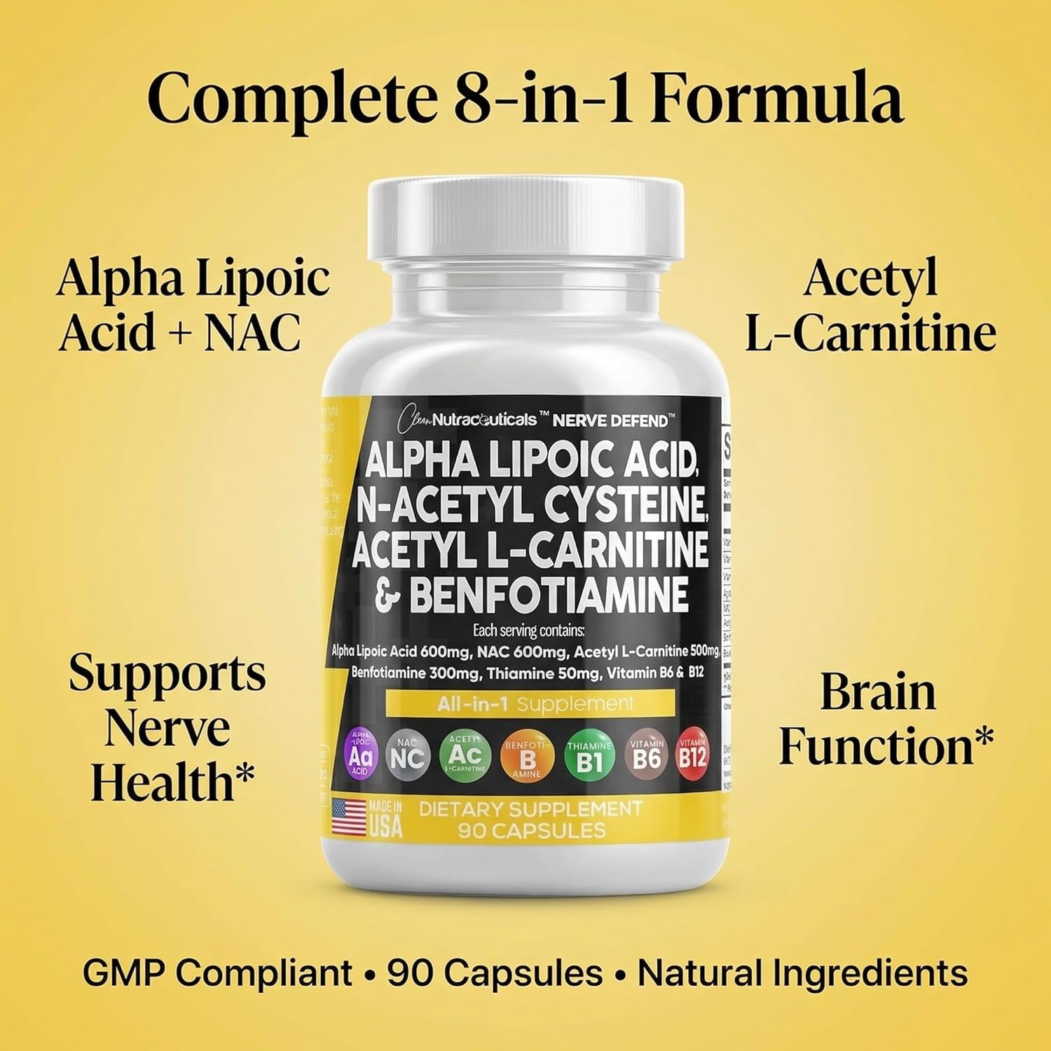 Clean Nutraceuticals Nerve Support Complex – 90 Capsules | Alpha Lipoic Acid 600mg, NAC 600mg, Acetyl L-Carnitine 500mg & Benfotiamine 300mg | Vitamins B1, B6 & B12