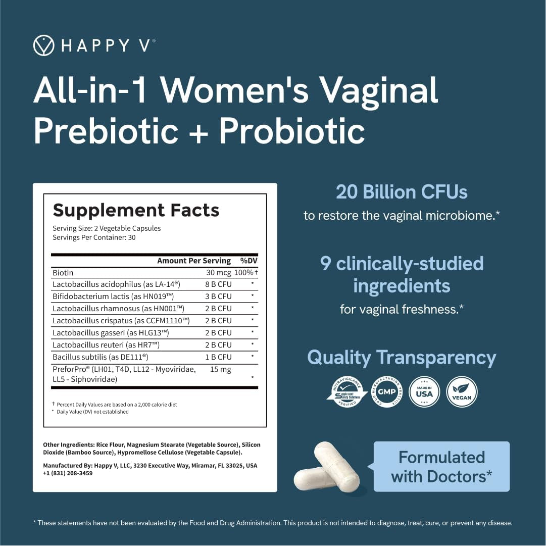 Happy V Dr. Formulated Vaginal Probiotic – Patented Prebiotics & Lactobacillus for pH Balance, Odour Control & Feminine Wellness | 60 Capsules