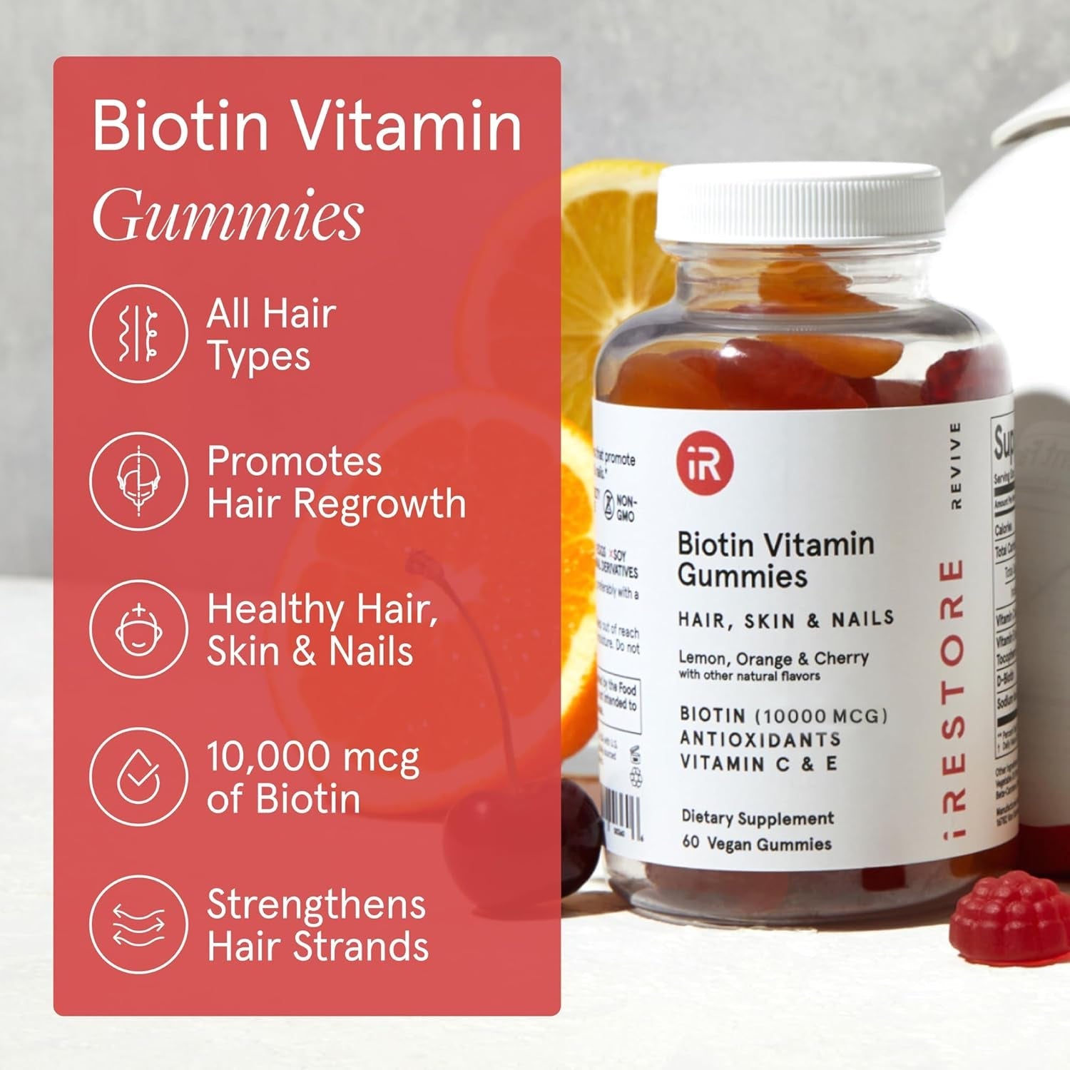 iRestore Biotin Vitamin Gummies – 60 Vegan Gummies | Hair, Skin & Nails Support with 10,000mcg Biotin + Vitamins C & E