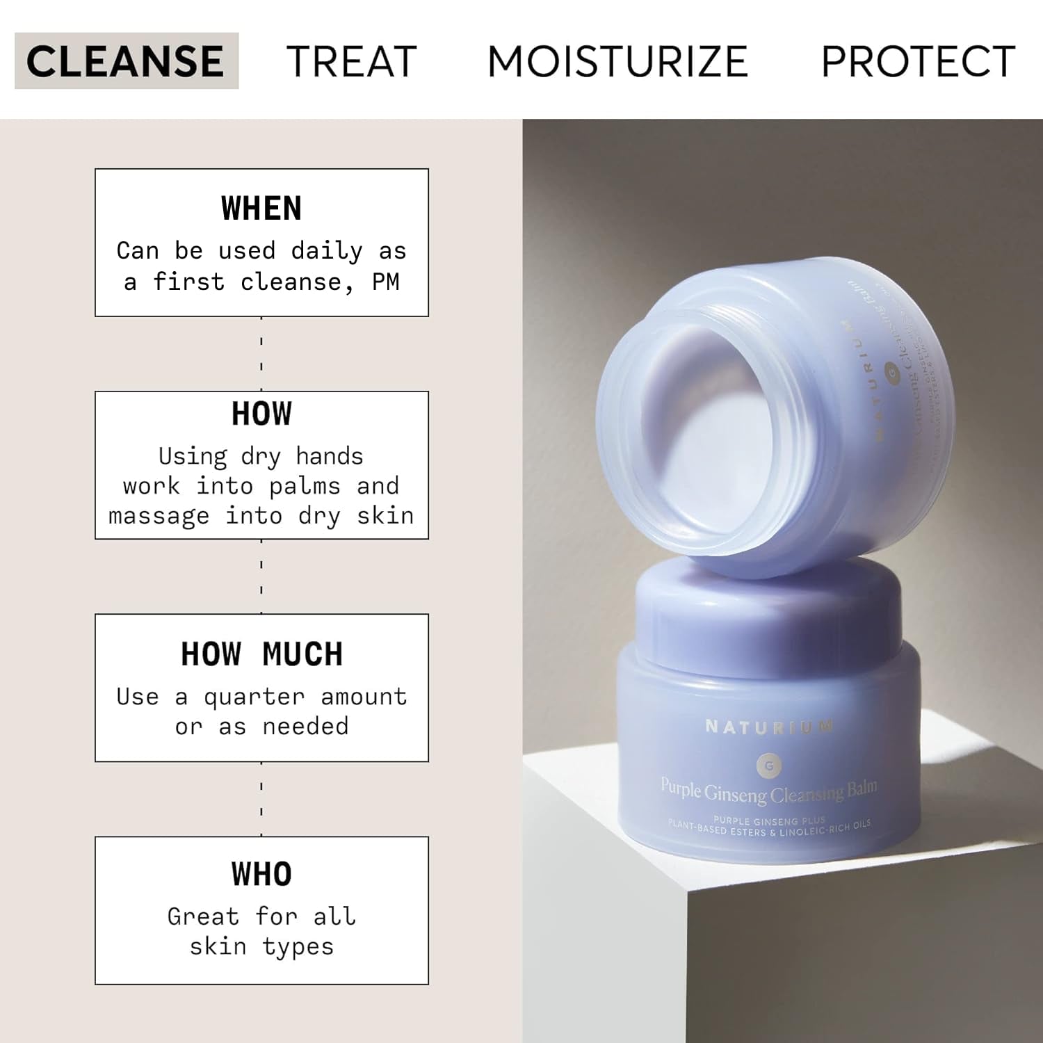 Purple Ginseng Cleansing Balm plus Plant-Based Esters & Linoleic-Rich Oils, Smoothing Face Wash, 3.0 Oz