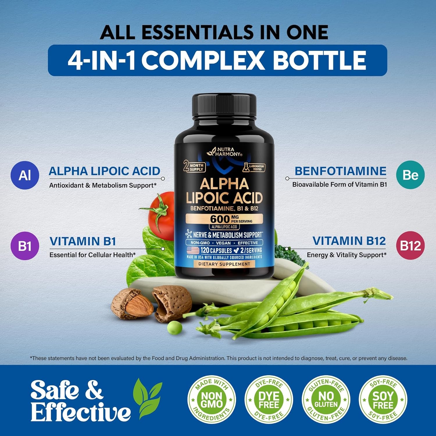 NUTRAHARMONY Alpha Lipoic Acid 600mg & Benfotiamine — 60 Capsules | Antioxidant & Nerve Health Support