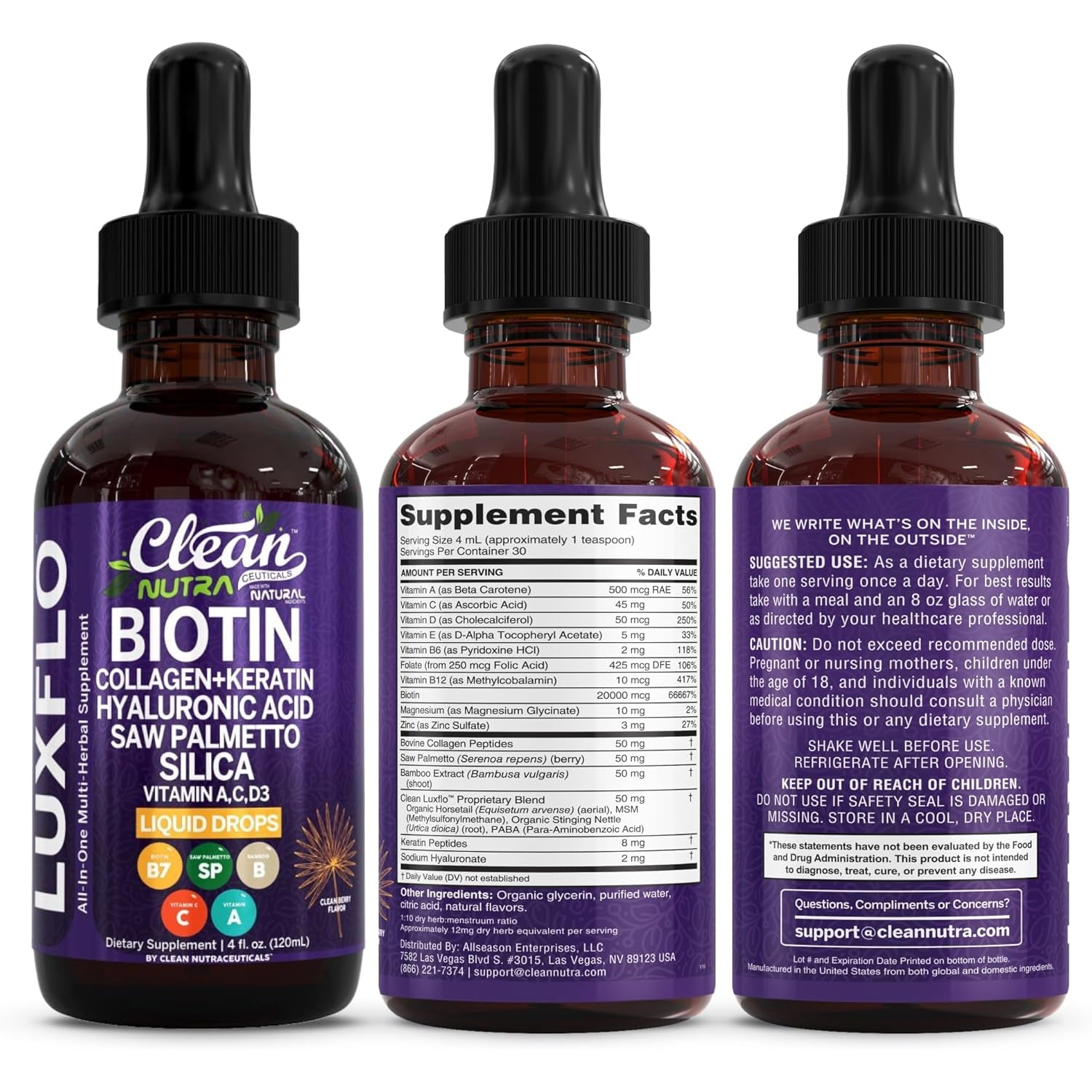 Clean Nutraceuticals Liquid Biotin & Collagen Hair Growth Drops – Keratin, Hyaluronic Acid, Saw Palmetto & Silica | Hair, Skin & Nails | 120ml