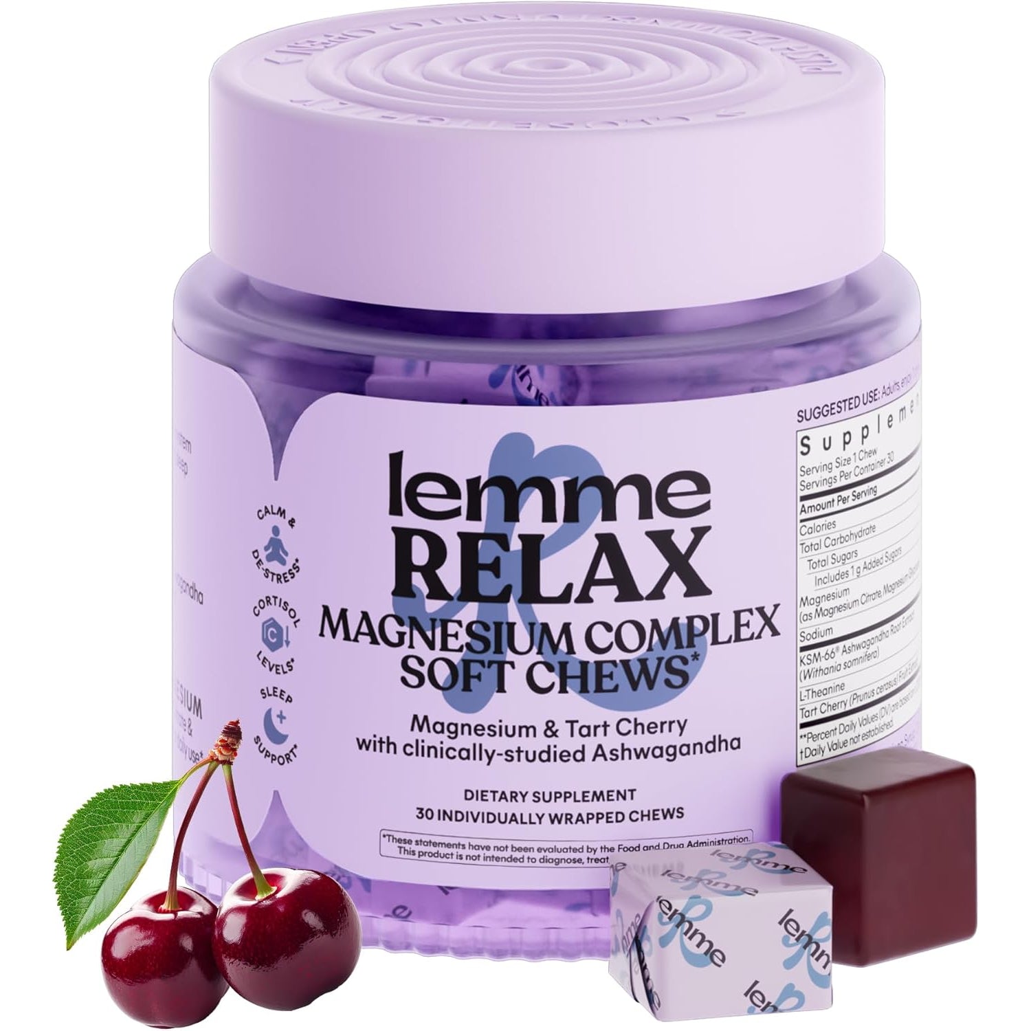Relax Soft Chews with Magnesium Glycinate & Citrate, KSM-66 Ashwagandha + L-Theanine to Support Stress Relief, Cortisol Levels, Mood & Healthy Sleep Cycles, Blackberry Lemonade (30 Chews)