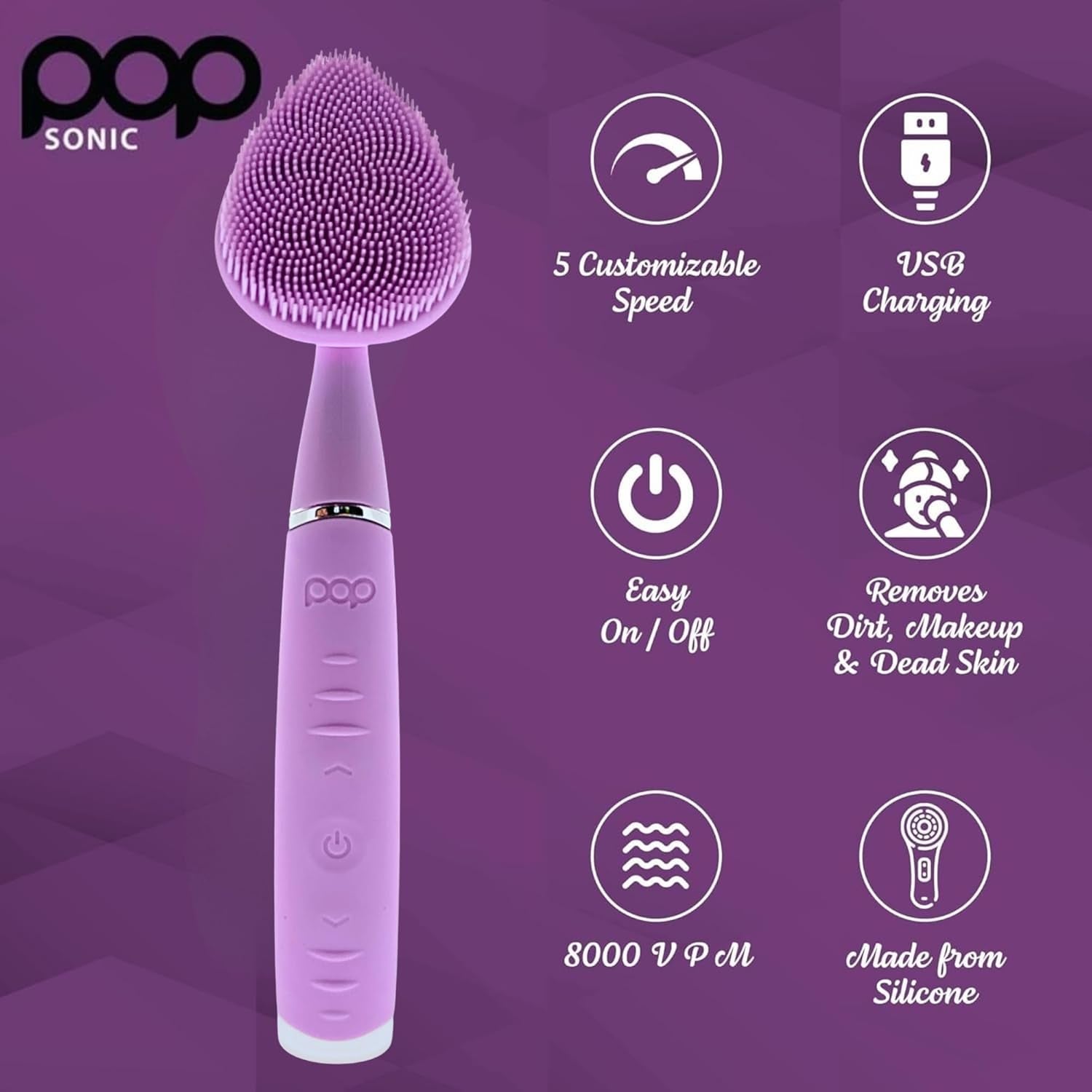 Pop Sonic Clover Facial Cleansing Device (Lavender) | 5-Speed Silicone Vibrating Face Brush for Deep, Gentle Cleansing