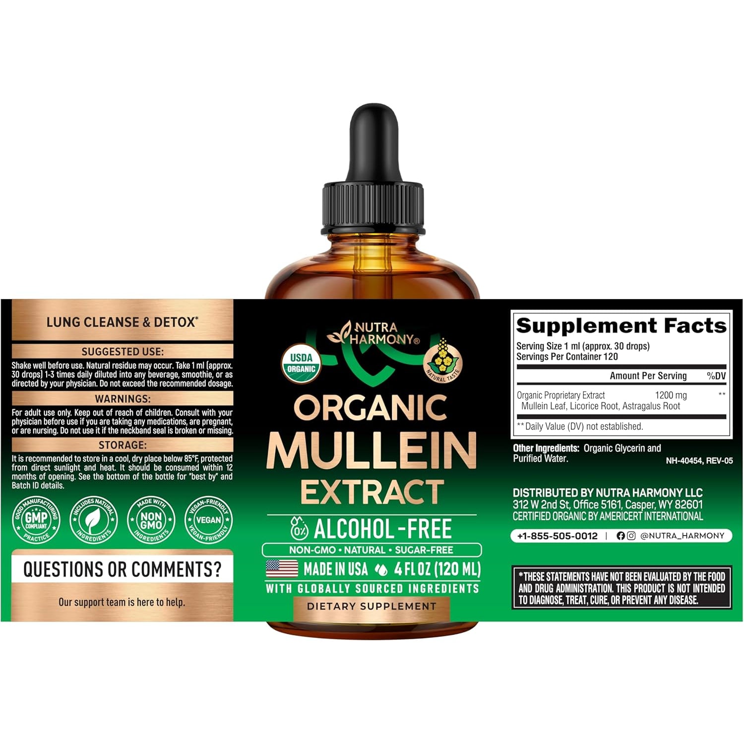 NUTRAHARMONY USDA Organic Mullein Leaf Drops - 120ml | Liquid Lung Support & Respiratory Health | Natural Herbal Extract