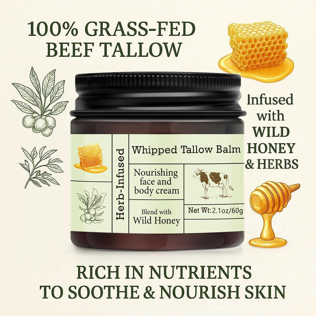 URQT Organic Grass-Fed Whipped Beef Tallow & Honey Balm – Face & Body | Deep Hydration | Natural Skin Care for Soft & Supple Skin