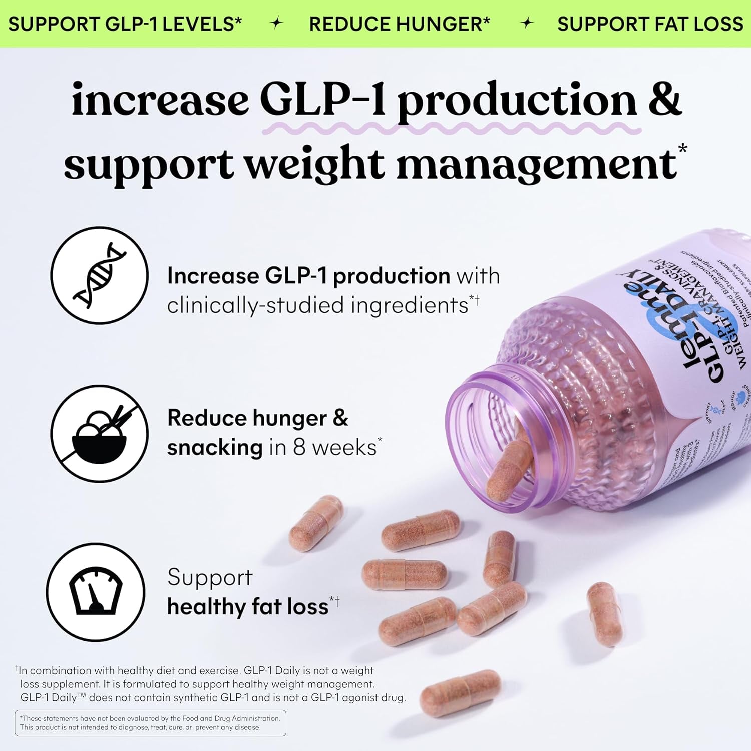 GLP-1 Daily Support, Clinically Studied Ingredients to Reduce Hunger & Cravings, Promote GLP-1 Production, Support Fat Loss and Weight Management, 1 Month Supply (60 Capsules)