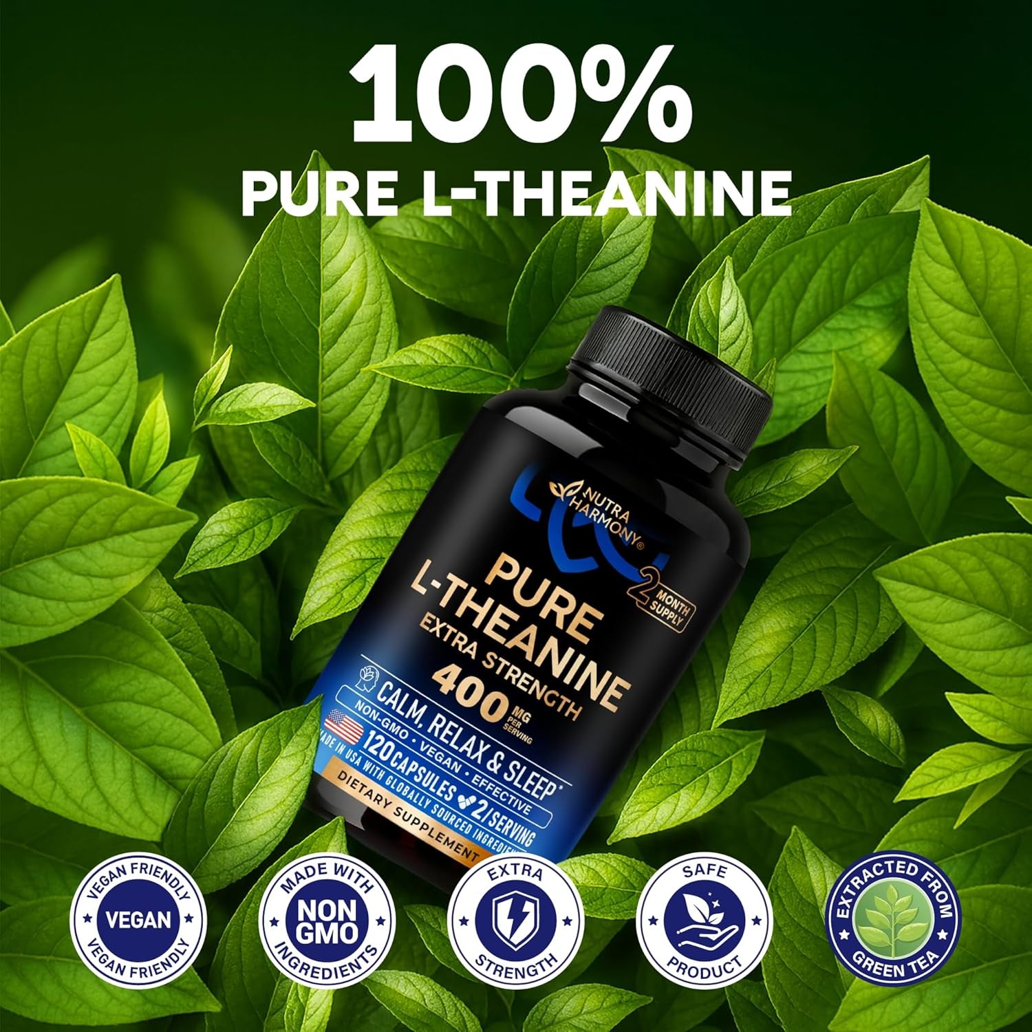 NutraHarmony L Theanine 400 Mg | L-Theanine Stress Relief | Extra Strength Supplement | Lab Tested | Relaxation, Sleep & Calm Support | for Men & Women | Plant Based, Non-Gmo & Gluten-Free | 120 Vegan Capsules