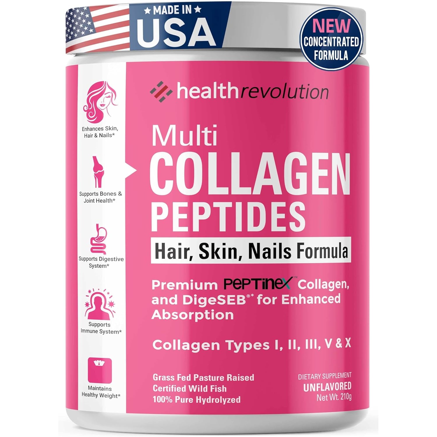 Multi Collagen Peptides Powder – Types I, II, III, V, X, Hydrolyzed Collagen for Women, 99% Absorption, Skin Hair Nails Joints, Triple Refined - No Clumping, Non-Gmo, Gluten Free, Grass Fed Unflavored