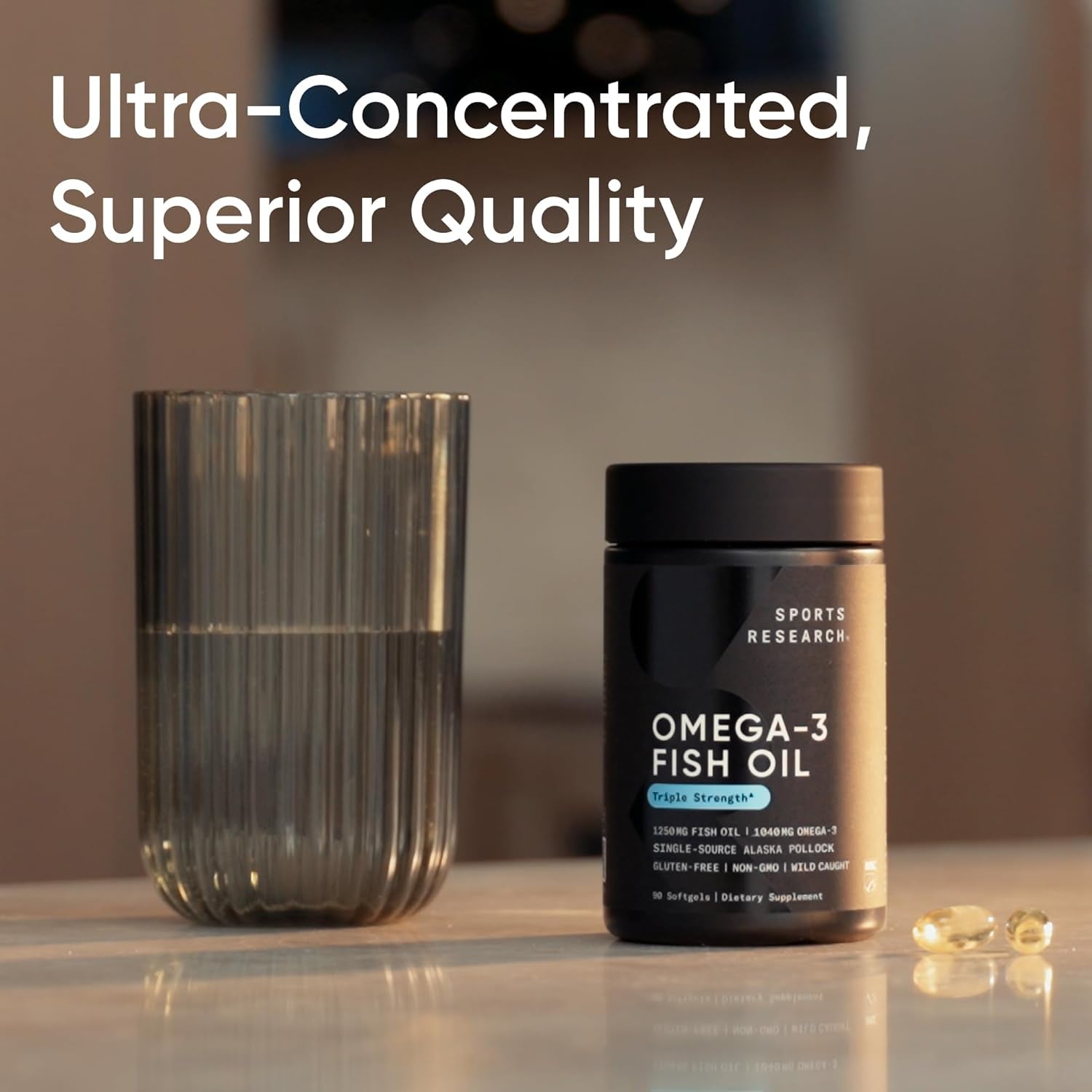 Sports Research® Omega-3 Fish Oil 1250 - Triple Strength Fish Oil Supplement from Wild Alaska Pollock - MSC Certified Sustainable · Non-Gmo · Soy Free - 90 Softgel Capsules