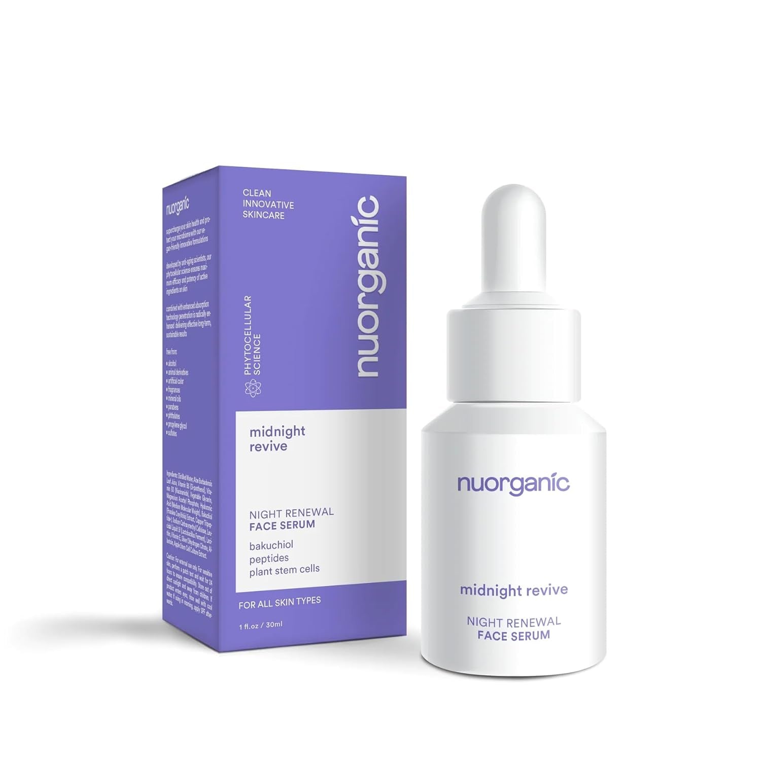 NuOrganic Midnight Revive Night Renewal Face Serum – 30ml | Gentle Bakuchiol Anti-Ageing & Hydrating Night Treatment