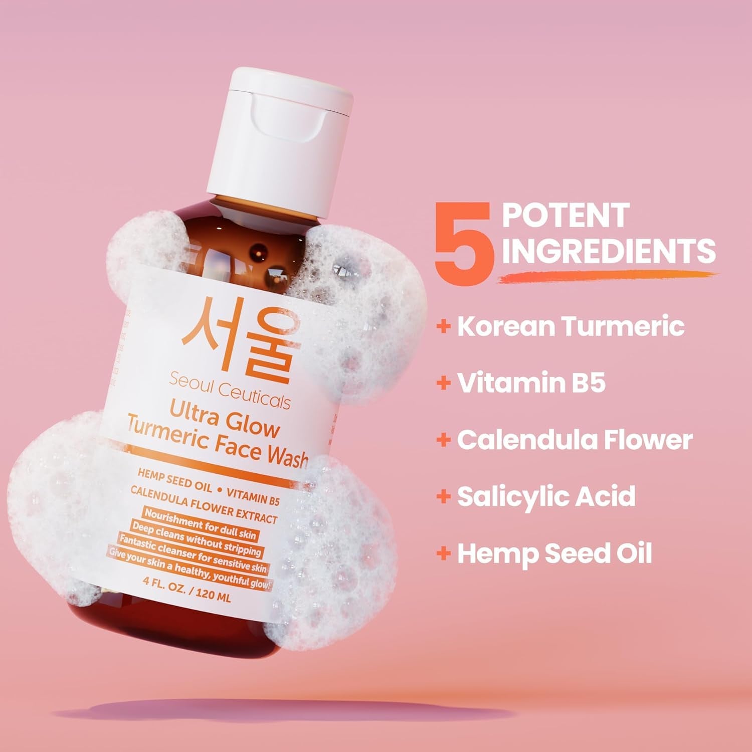 SeoulCeuticals Korean Turmeric Face Wash – Vegan Brightening Cleanser for Dry & Sensitive Skin | K-Beauty | 120ml