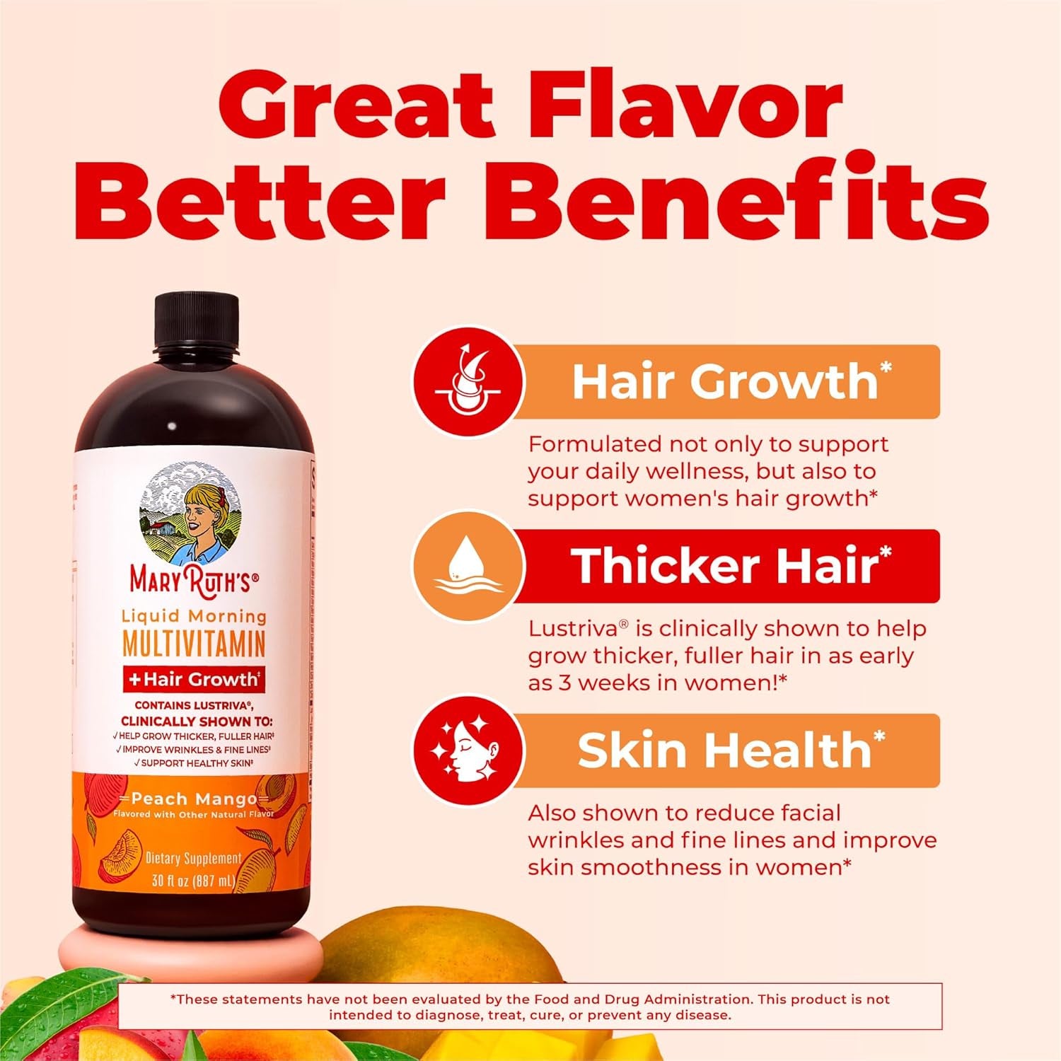 MARYRUTH'S Liquid Multivitamin+Hair Growth | Clinically Tested for Thicker Hair & Facial Wrinkles in Women | Biotin 10000Mcg | Lustriva Hair Growth Supplement | Skin Care | Age 18+ | 30 Fl Oz