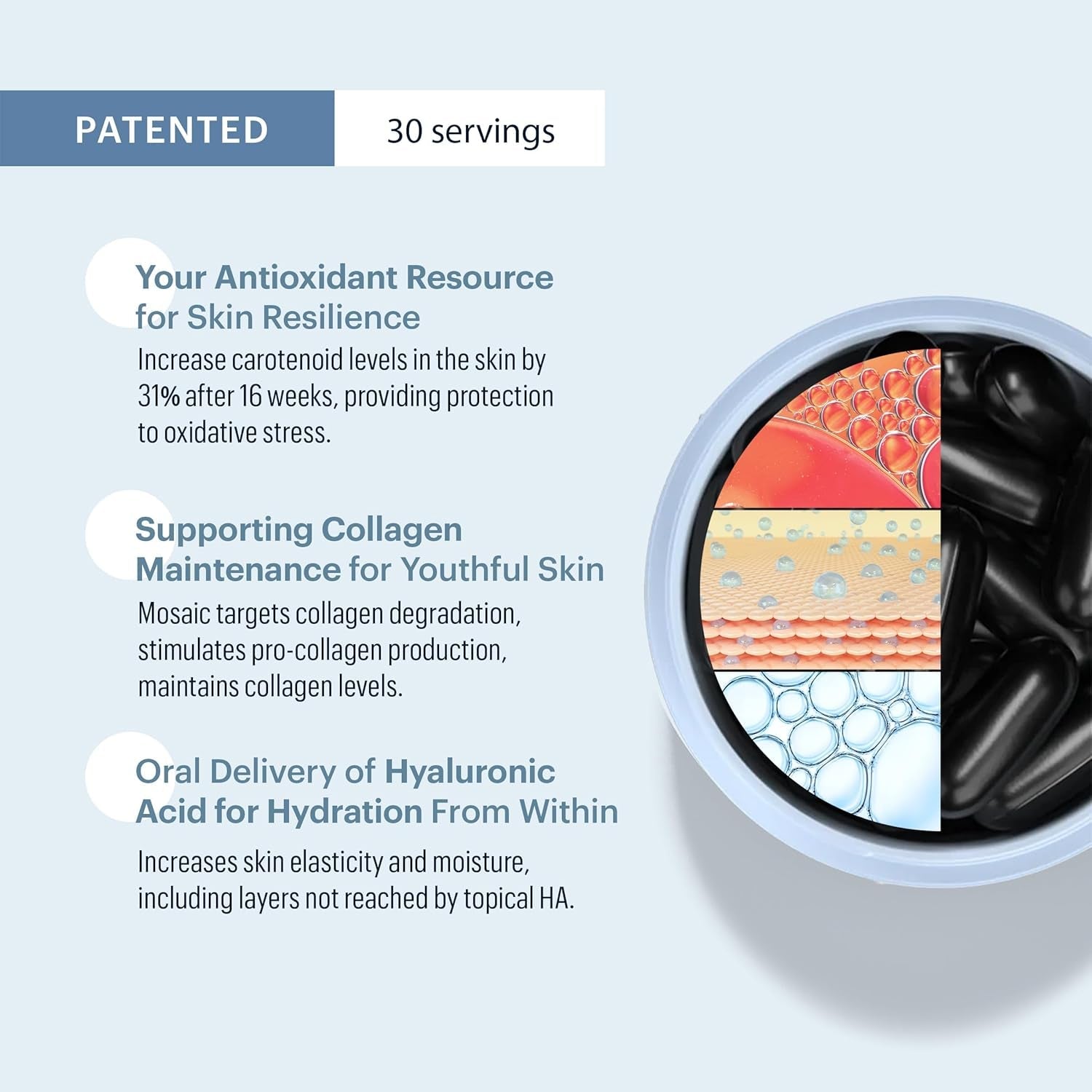 Mosaic - Hyaluronic Acid Supplement - Clinically Proven - Fights Fine Lines & Skin Aging - Collagen Supplement - 30-Day Supply (Vegan Softgels)