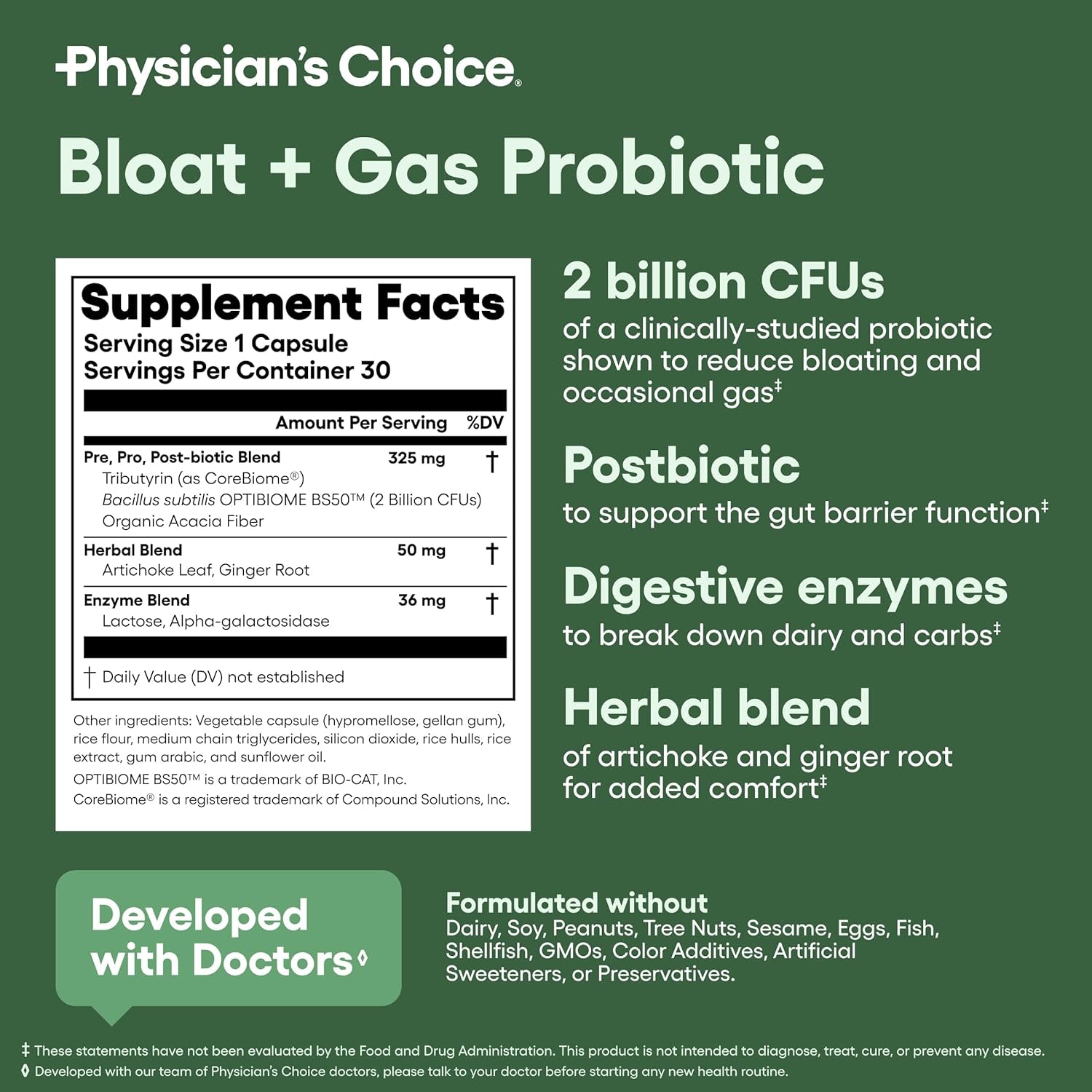 Physician's Choice Bloat & Gas Probiotic – 5-in-1 Digestive Enzymes, Pre & Postbiotics for Gut Health & Bloat Relief | 30 Capsules