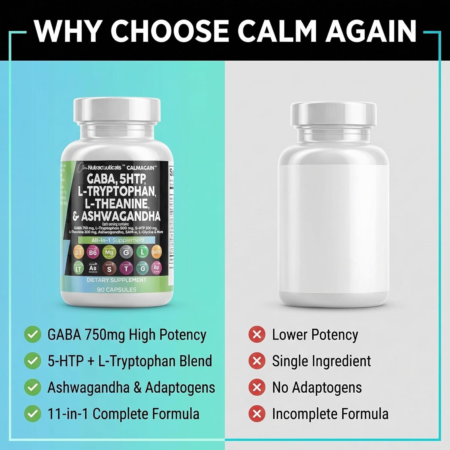 Clean Nutraceuticals CALMAGAIN All-in-One Mood & Stress Support – 60 Capsules | Calcium, Magnesium & Advanced Adaptogen Blend | Calm, Sleep & Relaxation