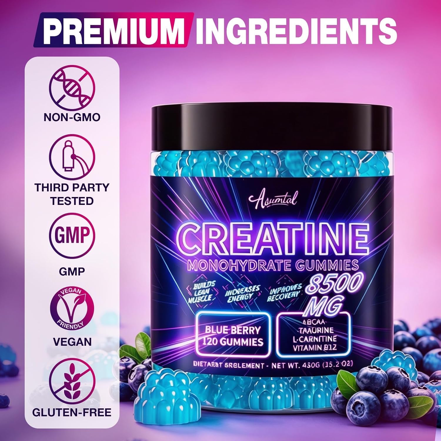 Creatine Monohydrate Gummies Complex 8500 MG for Men & Women, Creatine Monohydrate Supplement for Muscle Growth, Strength & Energy Support, Pre Workout Gummies 120 Count Blueberry