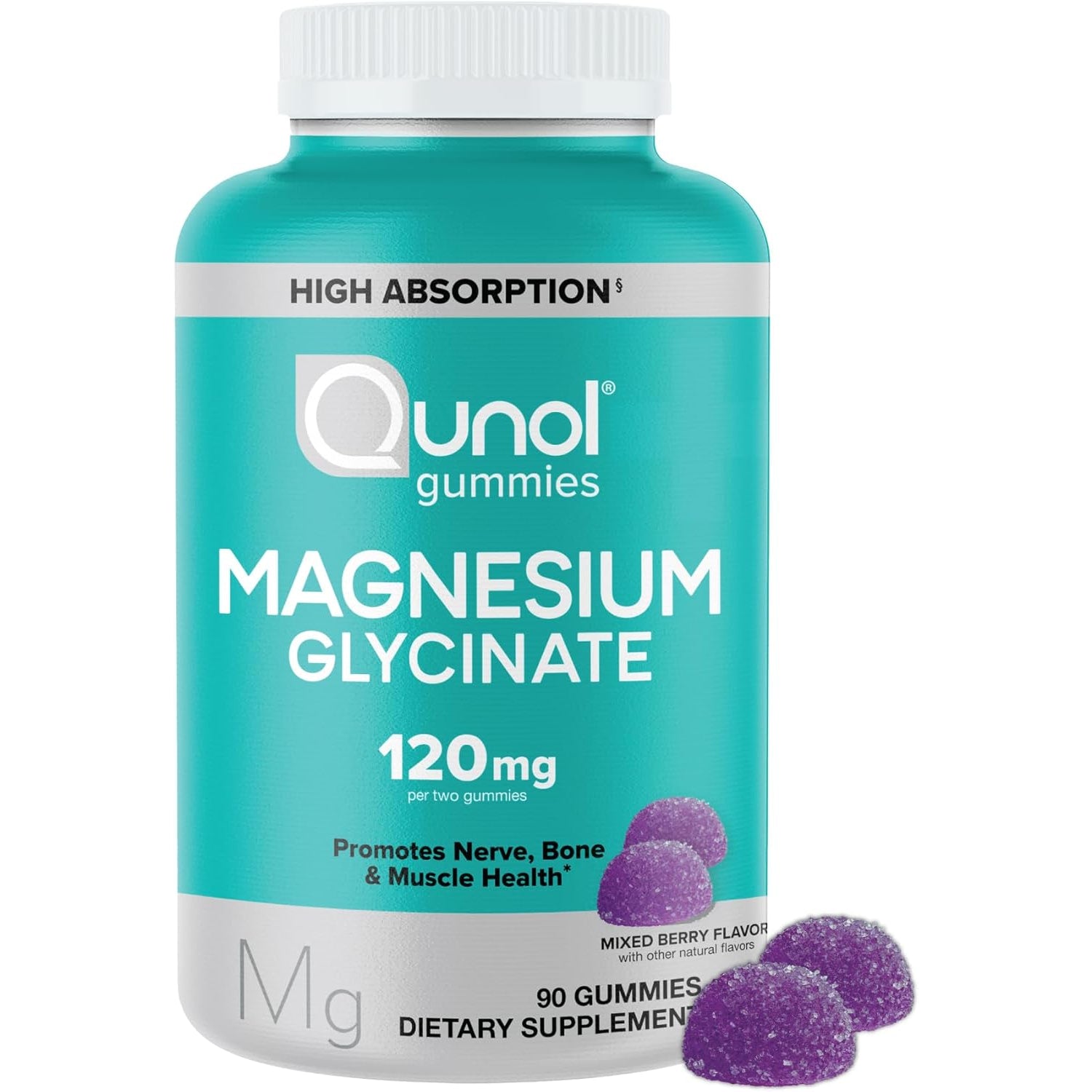 Qunol Magnesium Glycinate Gummies, 120Mg of Magnesium Glycinate, High Absorption, Mixed Berry, 90 Count (Pack of 1)