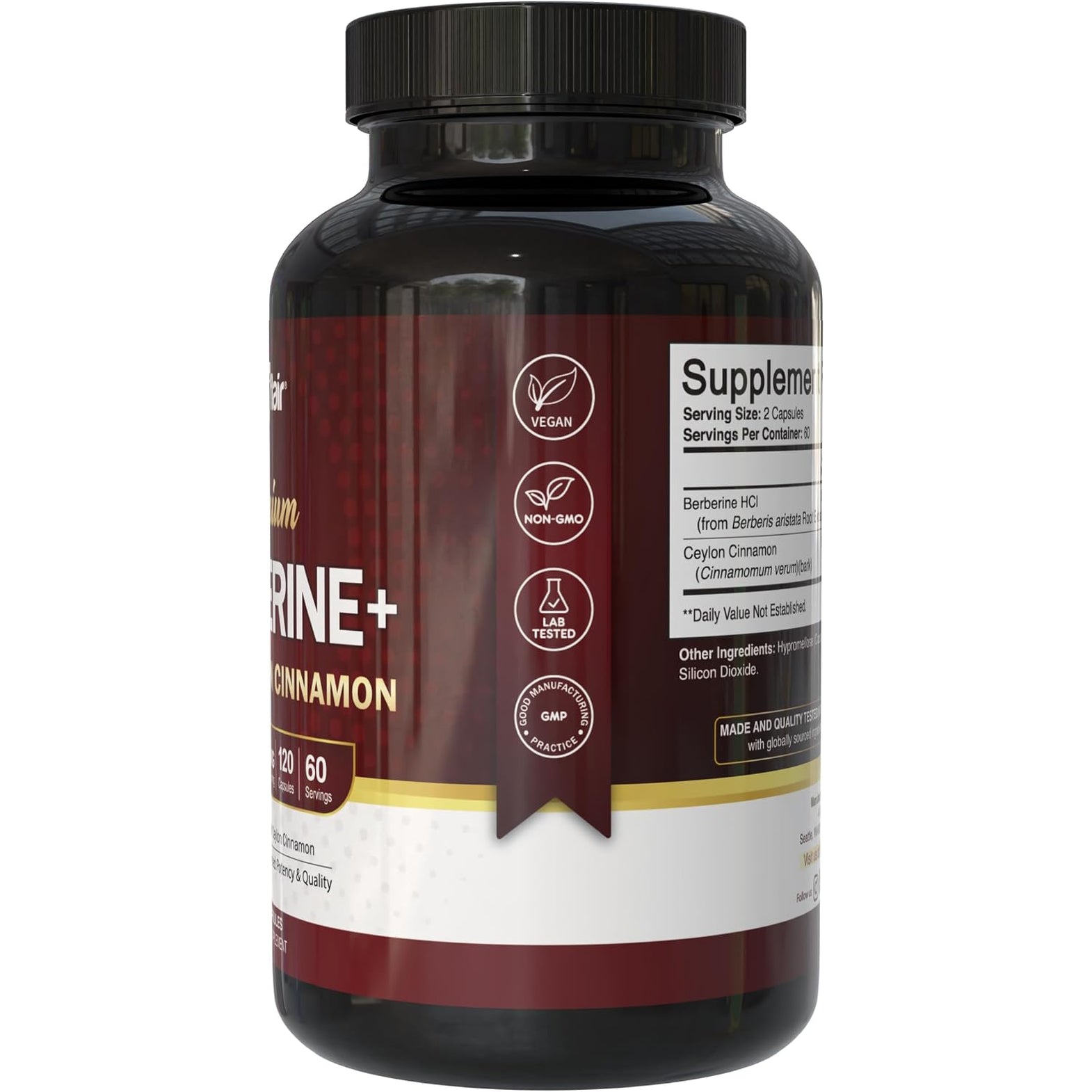 Nutriflair Berberine Hcl 1200Mg, 120 Capsules - plus Ceylon Cinnamon, Berberine HCI Root Supplements Pills - Made in USA
