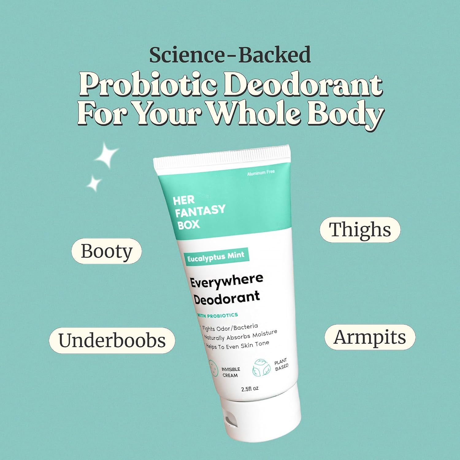 Her Fantasy Box | Everywhere Deodorant | with Probiotics - Mint Scent | Aluminum-Free, Naturally Absorbs Moisture | Fights Odor & Bacteria | Skin-Improving Formula