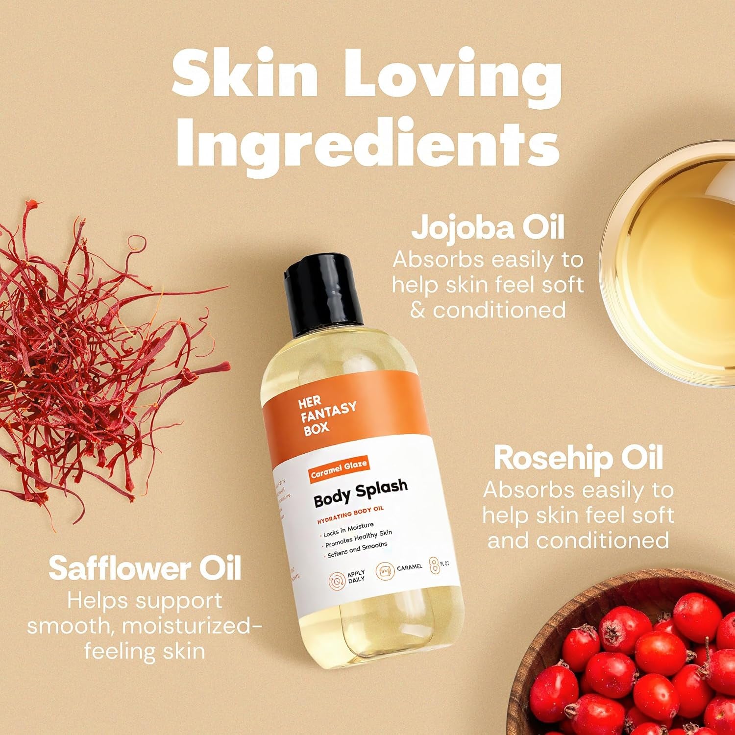 Her Fantasy Box | Body Splash Caramel Glaze Fragrance Oil – Warm Caramel & Vanilla Gourmand Scent, Lightweight Hydrating Body Oil, Vegan & Cruelty Free