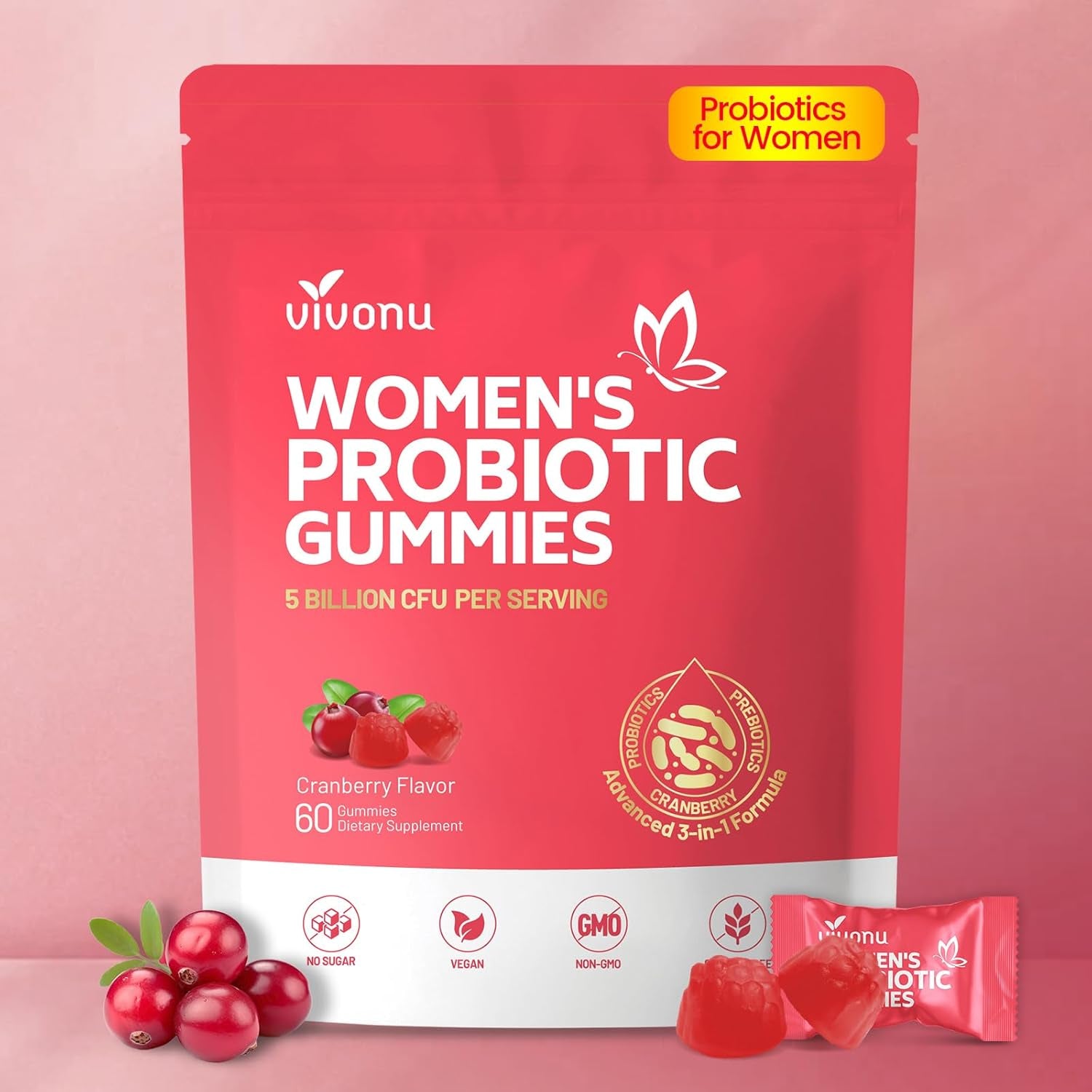 Vivonu Women's Probiotic Gummies – 60 Count | 500 Million CFUs & Fibre | Feminine Balance, Digestive & Gut Health | Vitamin C Immune Support