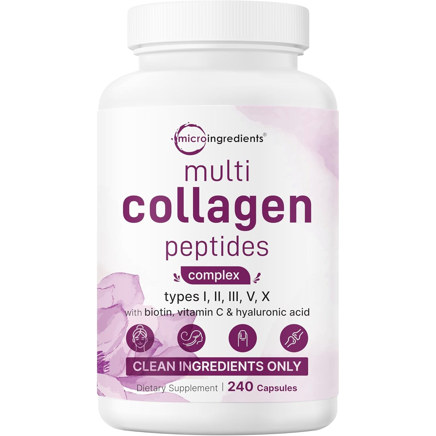 Micro Ingredients Multi Collagen Pills for Women & Men, 240 Capsules | Type I, II, III, V, X | Hydrolyzed Peptides with Biotin, Hyaluronic Acid, & Fat Soluble Vitamin C Complex | Non-Gmo, Filler Free