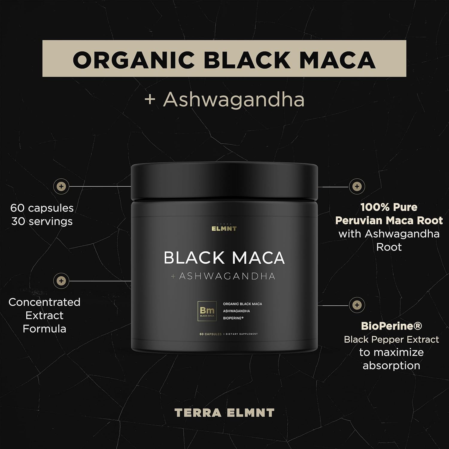 ELMNT 40X Black Maca Root Extract – 40:1 Organic Gelatinised Maca with Ashwagandha for Energy, Vitality & Performance | Highest Potency